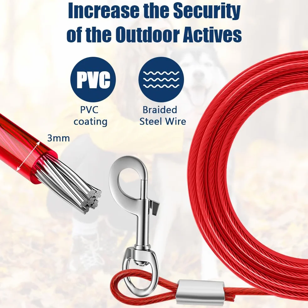 Aomig Cavo Resistente per Cani, Kit Guinzaglio per Cani 3M e Picchetto per Cani in Acciaio Inossidabile, Spirale in Metallo a Forma di Cane Tether Dog Accessori da Campeggio, Cortili, Parchi