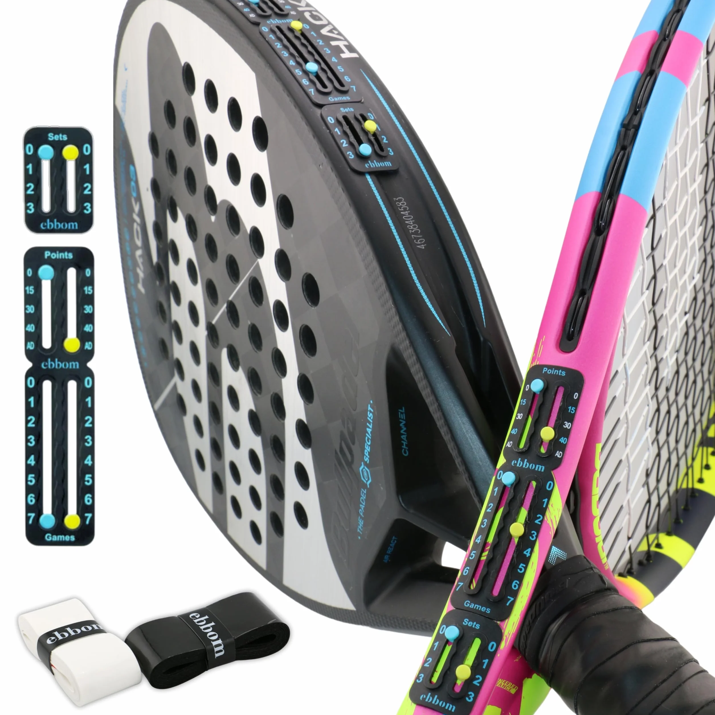 Segnapunti Padel e Tennis Ultralight con Adesivo 3M - Include 2 Overgrip B/N e 1 Pulitore – Adattabile a Tutte Le Racchette e Padel – Accessori Padel - Contatore Punti Padel