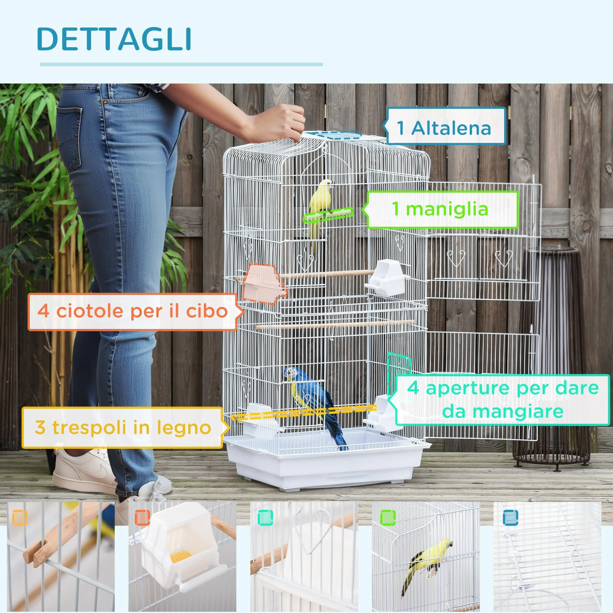PawHut Gabbia per Uccelli Portatile con Vassoio Estraibile, Voliera per Pappagallini, 46.5x35.5x92cm, Bianco
