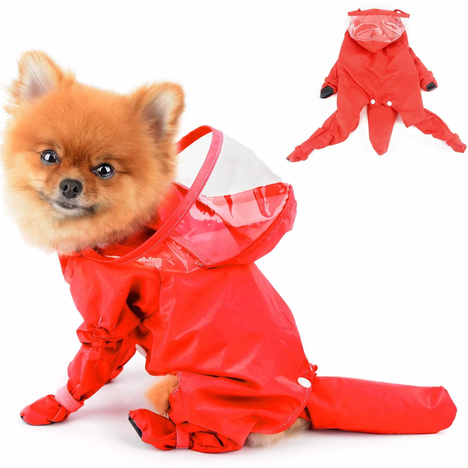 PAIDEFUL Impermeabile con copertura completa per cani di piccola taglia Giacca antipioggia a quattro zampe tinta unita Felpa con cappuccio impermeabile Vestiti per cuccioli, Rosso, S