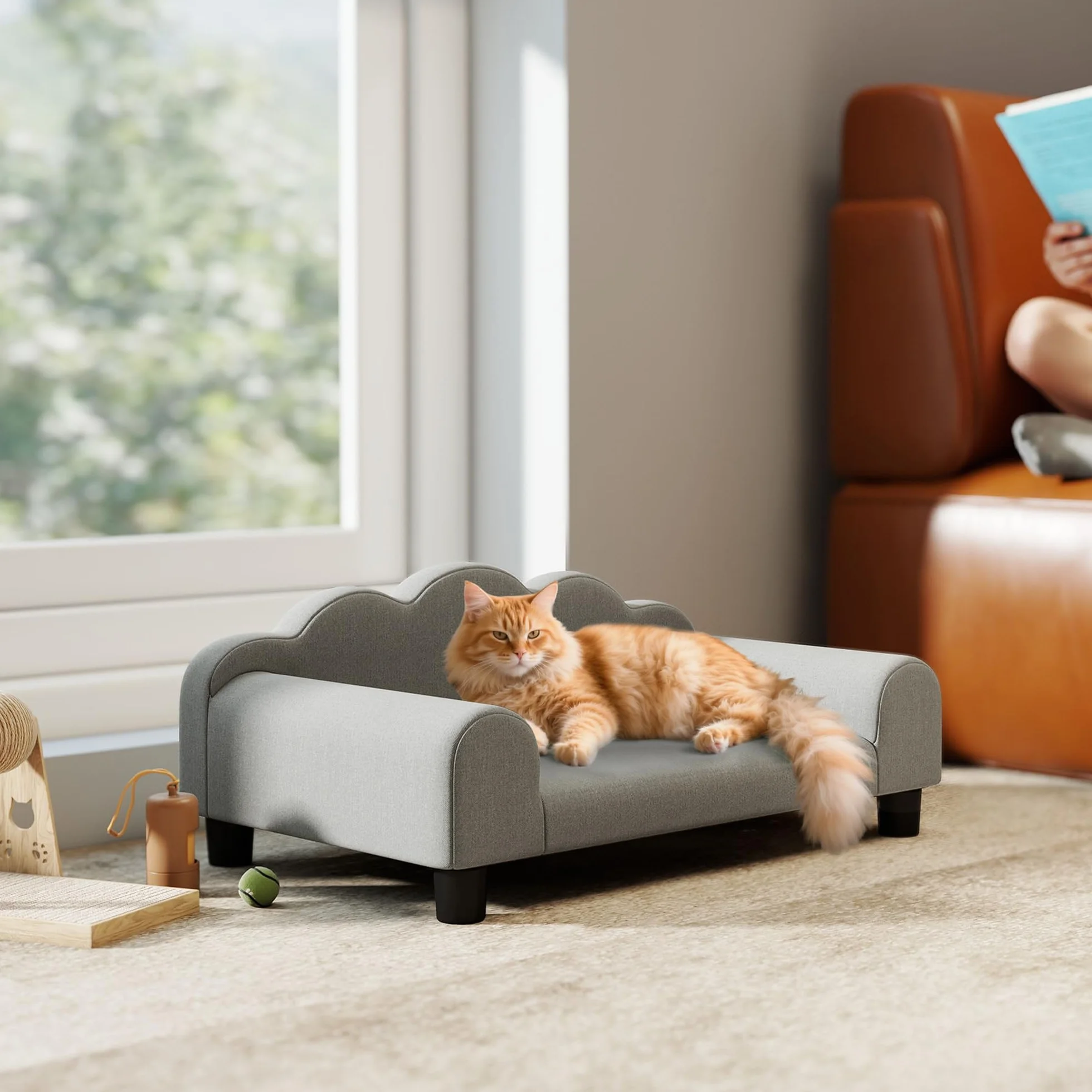 PawHut Divano per Cani Piccoli Morbido con Braccioli di Supporto, Divanetto per Cani in Legno e Tessuto French Terry, 66x42x28.5 cm, Grigio
