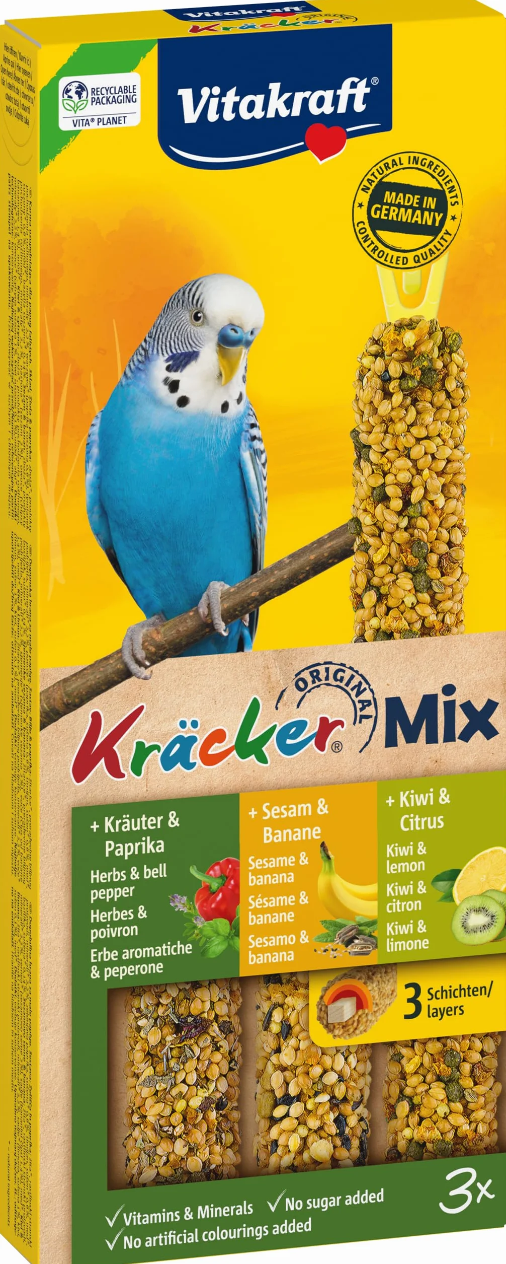 Vitakraft Kräcker Mix snack uccelli per pappagallini ondulati bastoncini da masticare con erbe aromatiche e peperone kiwi limone banana sesamo senza zuccheri aggiunti 90g