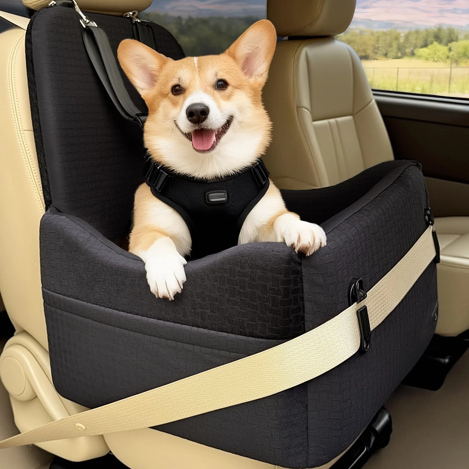 PETSFIT Seggiolino Auto per Cani di Taglia Piccola/Media fino a 15 kg – Sistema di Sicurezza Brevettato, Rialzo con Memory Foam da 13 cm, Sfoderabile e Lavabile, 2 Tasche Portaoggetti (Nero)