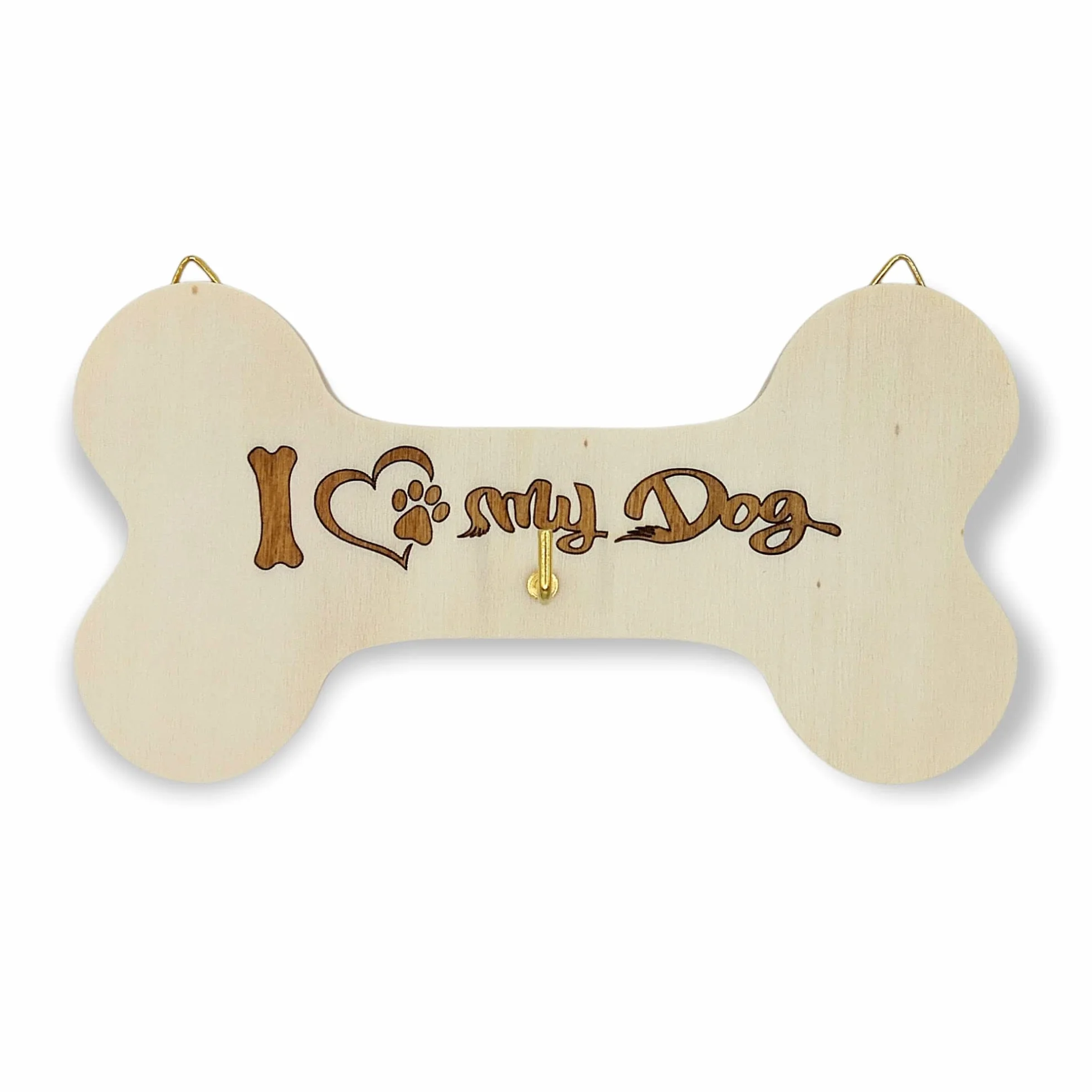 Porta guinzaglio per cani in legno a forma di osso con incisione laser NM Idee Regalo (1-I Love My Dog)