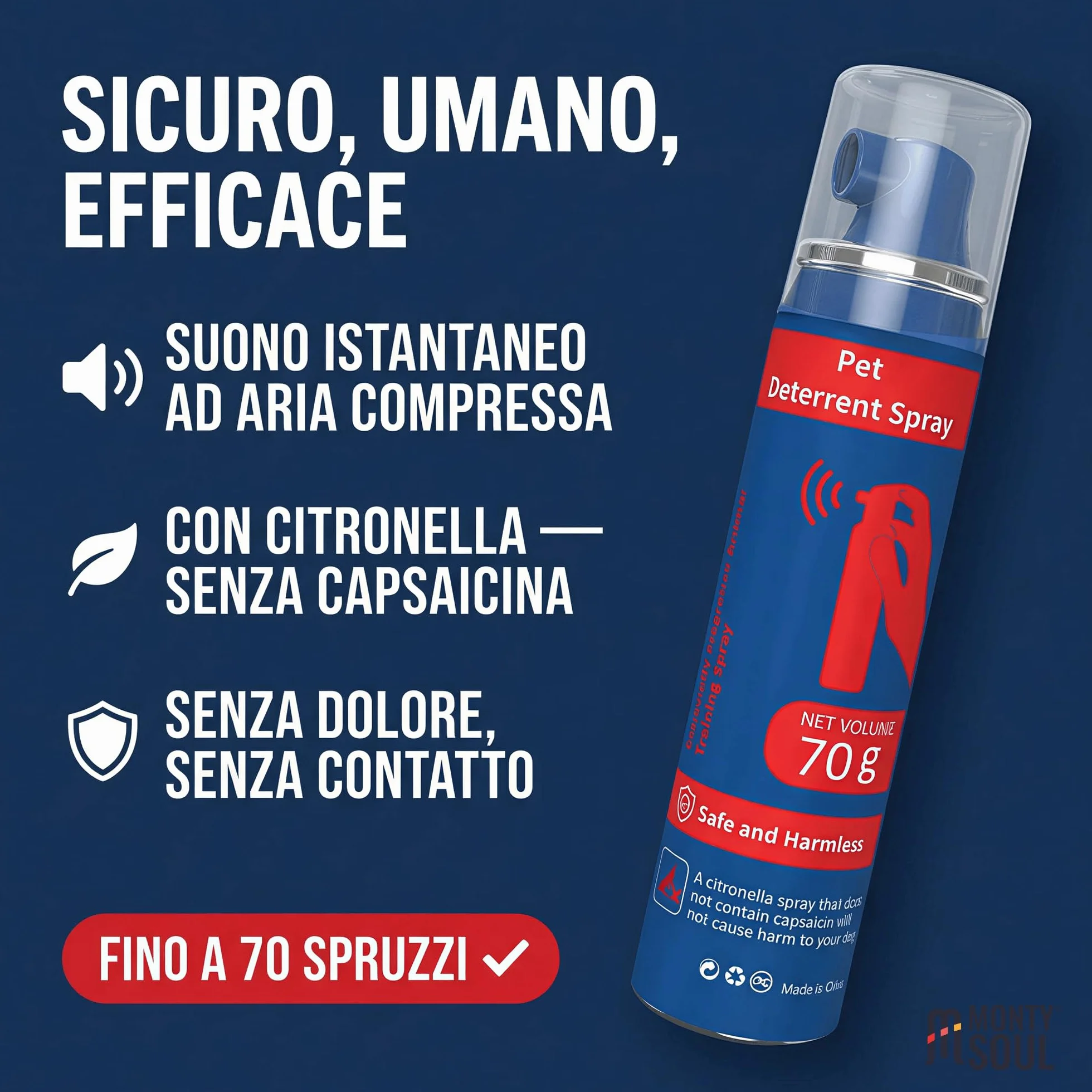Spray Correttivo per Cani ad Aria Compressa con Citronella - Deterrente Sonoro Sicuro e Umano per Addestramento - Aiuta a Ridurre Abbaio, Salti e Comportamenti Indesiderati - Fino a 70 Spruzzi (70 g)