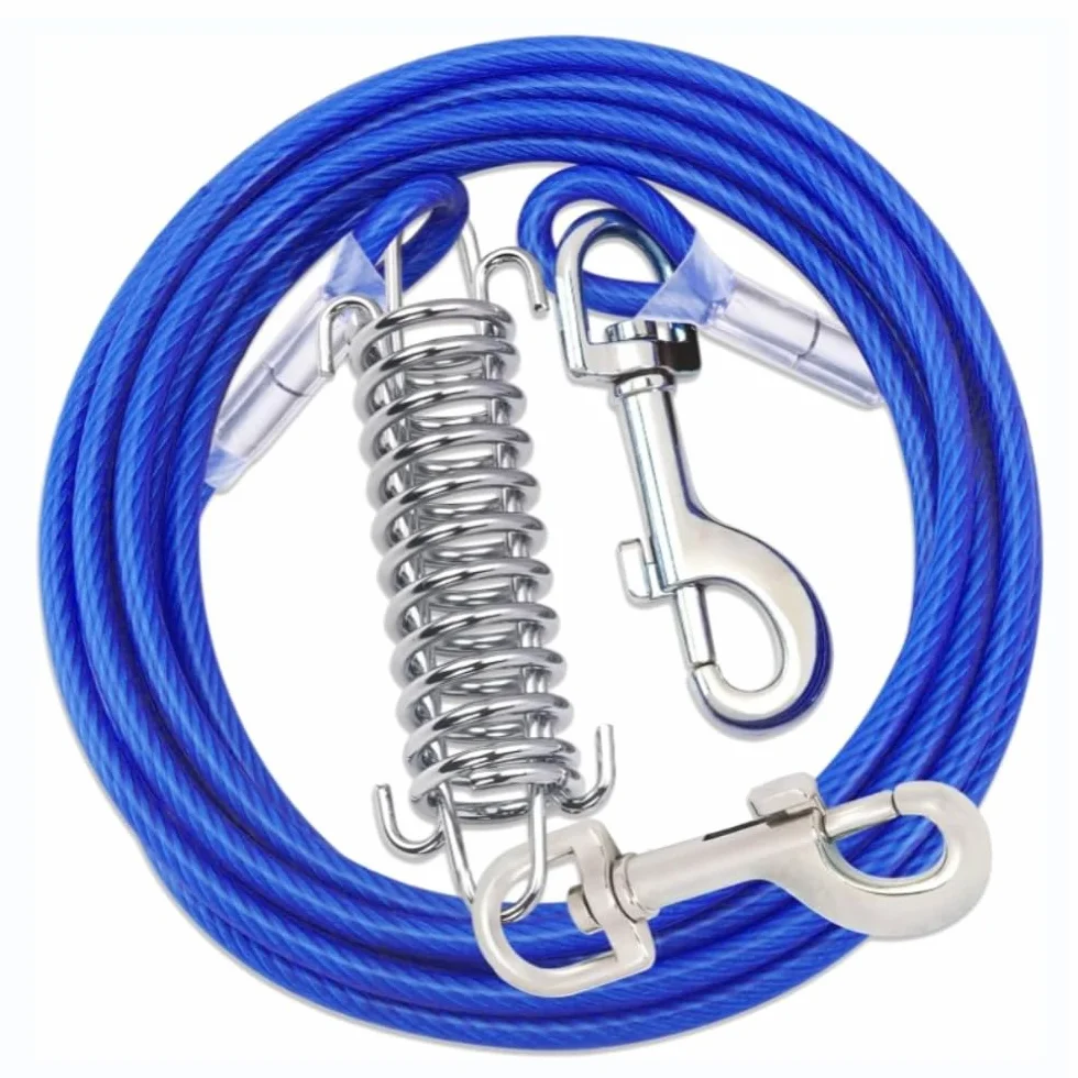 Guinzaglio per Cani Acciaio Inox 3 m Dog Tie Out Cable Resistente ai Morsi con Guinzagli Blu ad Assorbimento d'urto per Cani di Taglia Grande e Piccola