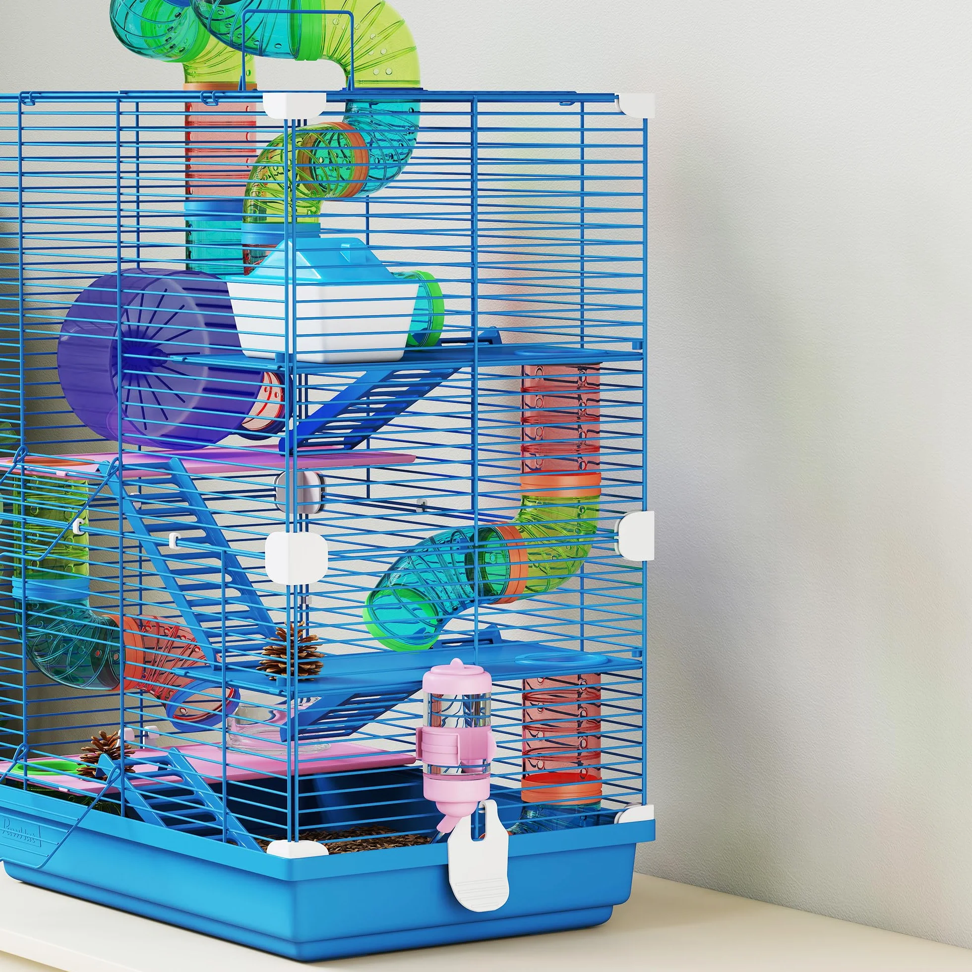 PawHut Gabbia per Criceti a 5 Livelli con Tubi, Ruota, Casetta, Scale e Bottiglia, Gabbietta per Roditori in Metallo e Plastica, 46x30x58 cm, Blu Scuro