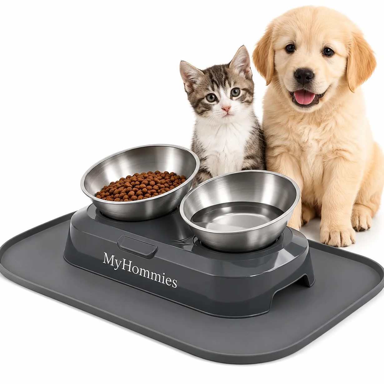 Ciotola Gatto Rialzata e Inclinata 15°, Doppia Ciotola Anti Vomito per Gatti e Cani Piccoli, Acciaio Inox 304, Antiscivolo con Tappetino in Silicone, MyHommies