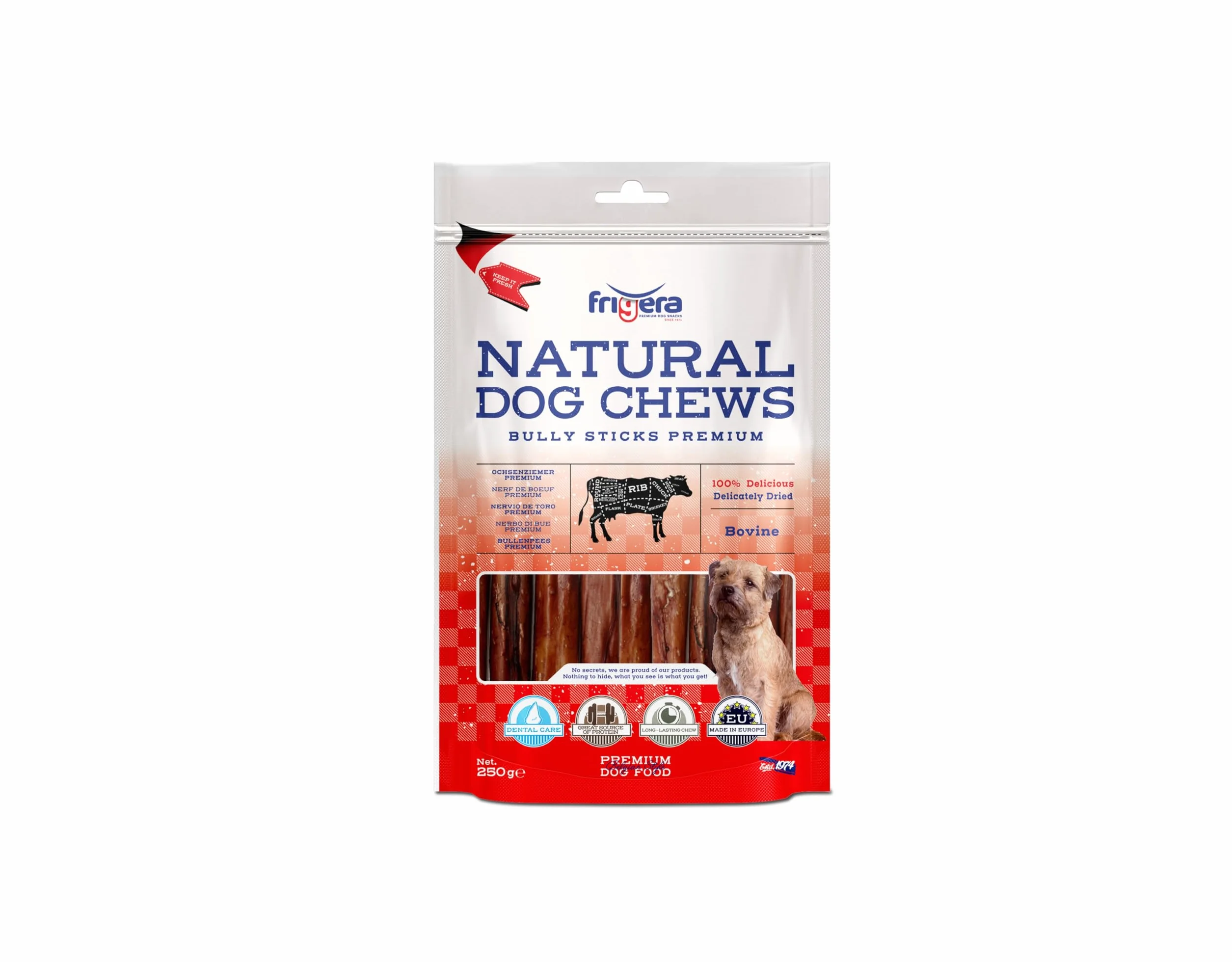 Frigera Cuccia di bue di alta qualità, 15 cm, 250 g, manzo, naturale, ricco di proteine, per cani, senza glutine e cereali, a lunga durata.