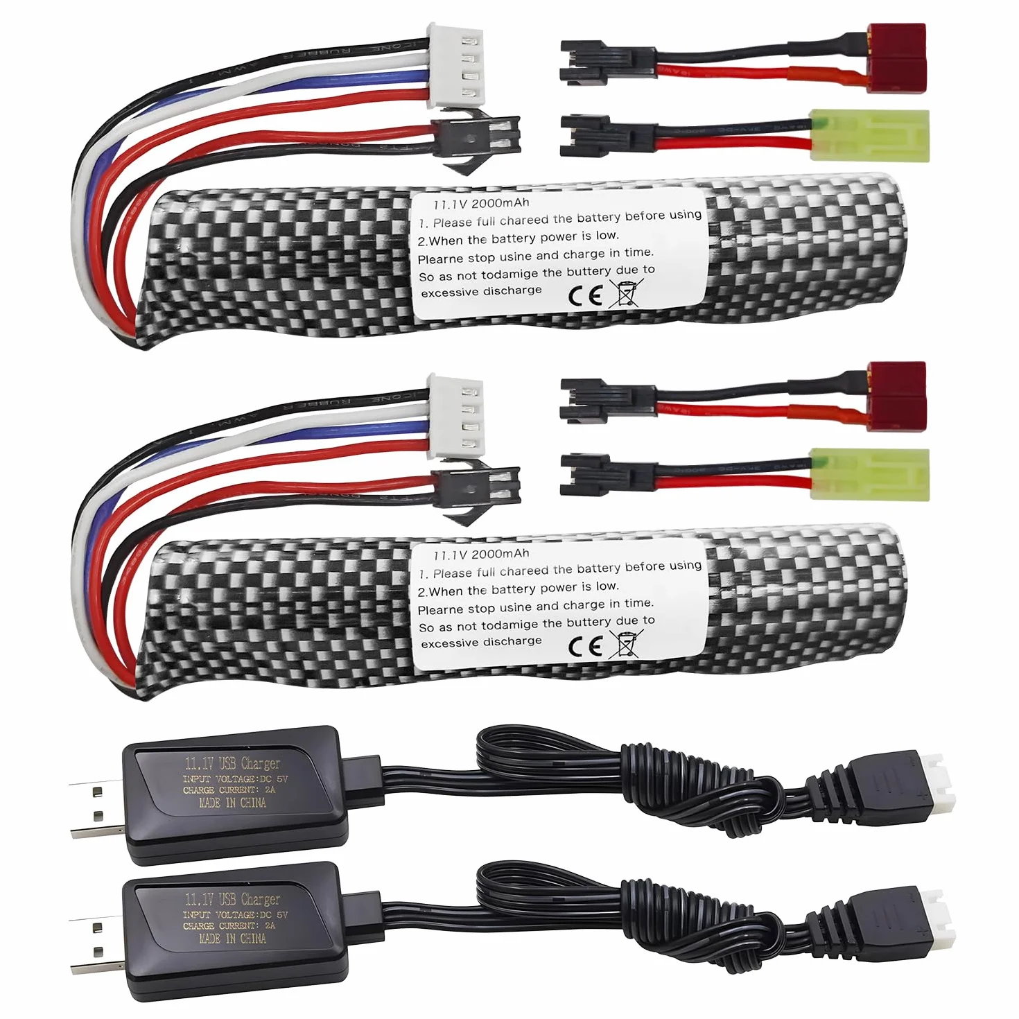 2PCS 3S 11.1V 2000mAh Li-ion batteria SM-2P connettore con cavo di ricarica USB per Airsoft Gel Water Ball Blaster Airsoft Gel Ball Shockwave batteria di ricambio