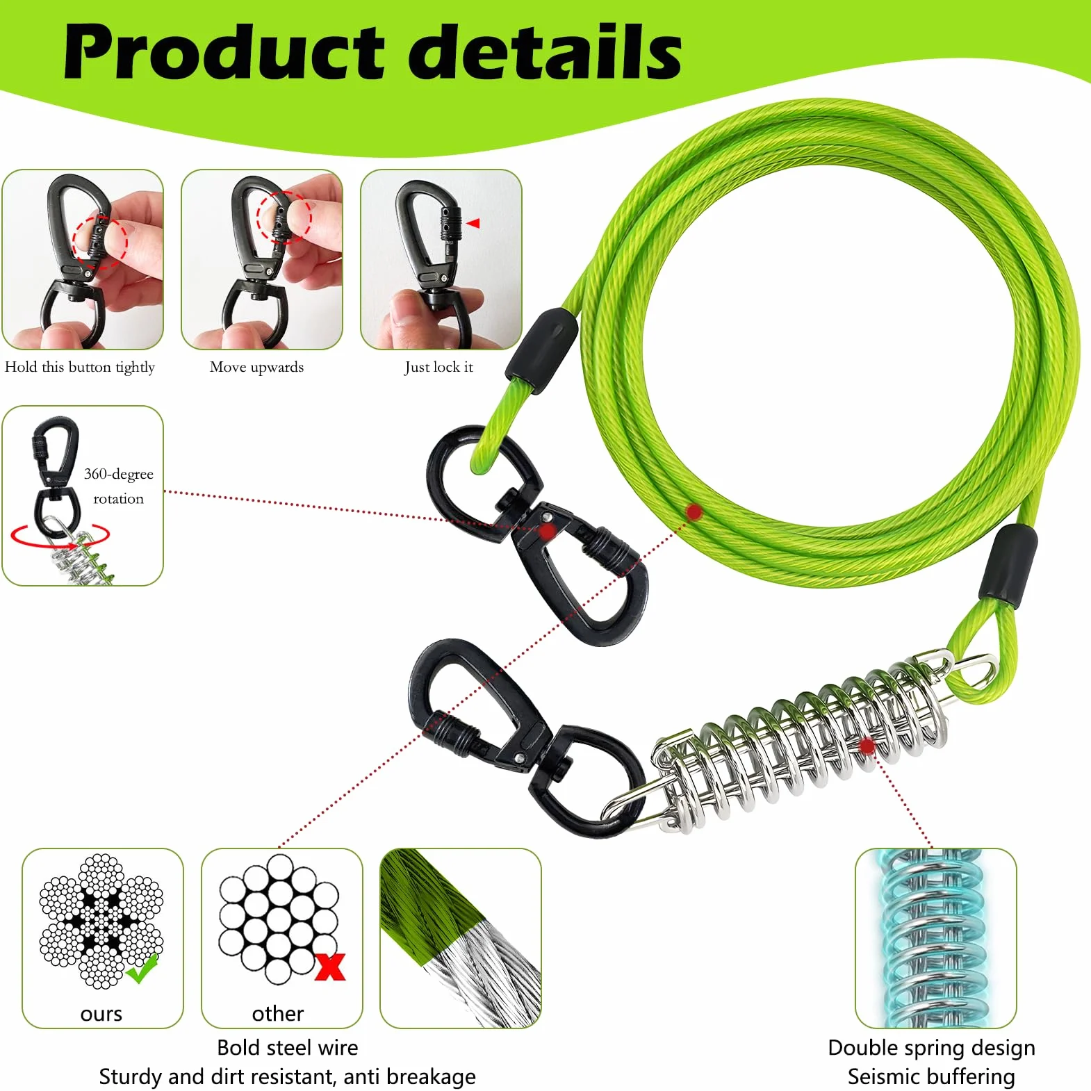Guinzaglio esterno,resistente da 4 mm, per cani con gancio girevole, cavo in acciaio leggero, guinzaglio per giardino, terreno libero e viaggi (3m)