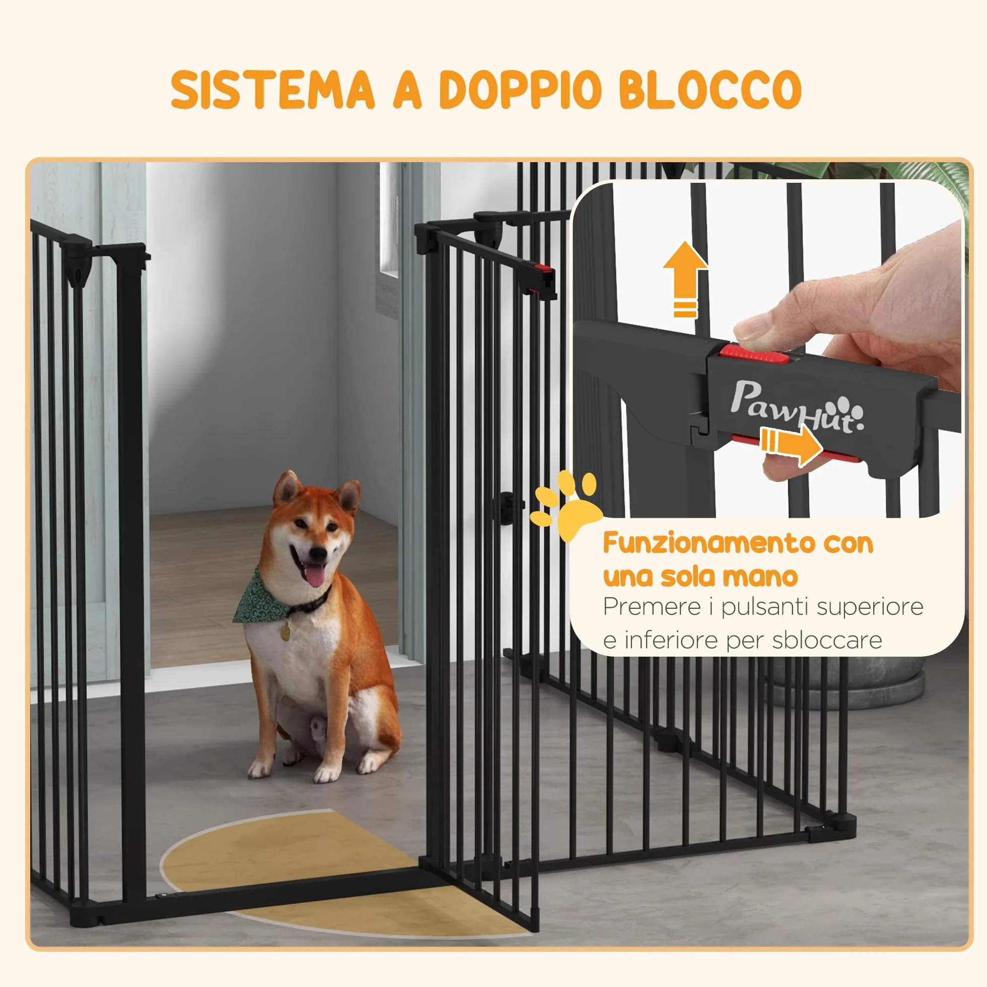 PawHut Cancellino per Cani Taglia Media Pieghevole con Doppia Chiusura di Sicurezza, Cancelletto di Sicurezza Modulabile in Metallo e Plastica, 123x102x100 cm, Nero