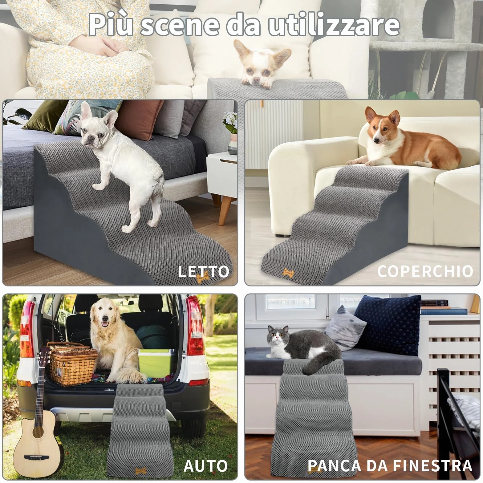 Scala per Cani di Piccola Taglia 4 Passi 75x50x40cm Rampa con Coperchio Rimovibile