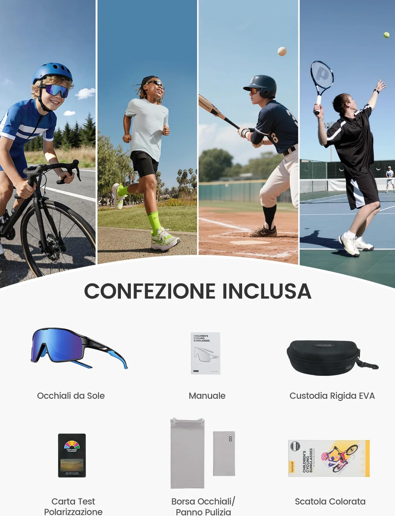 Lamicall Polarizzati Occhiali Ciclismo per Bambini - [22g Ultraleggero] UV400 Protezione, Materiale-TR90, Occhiali da Sole Sportivi con Naselli Regolabili, Occhiali Bambini per Corsa/Ciclismo/Baseball