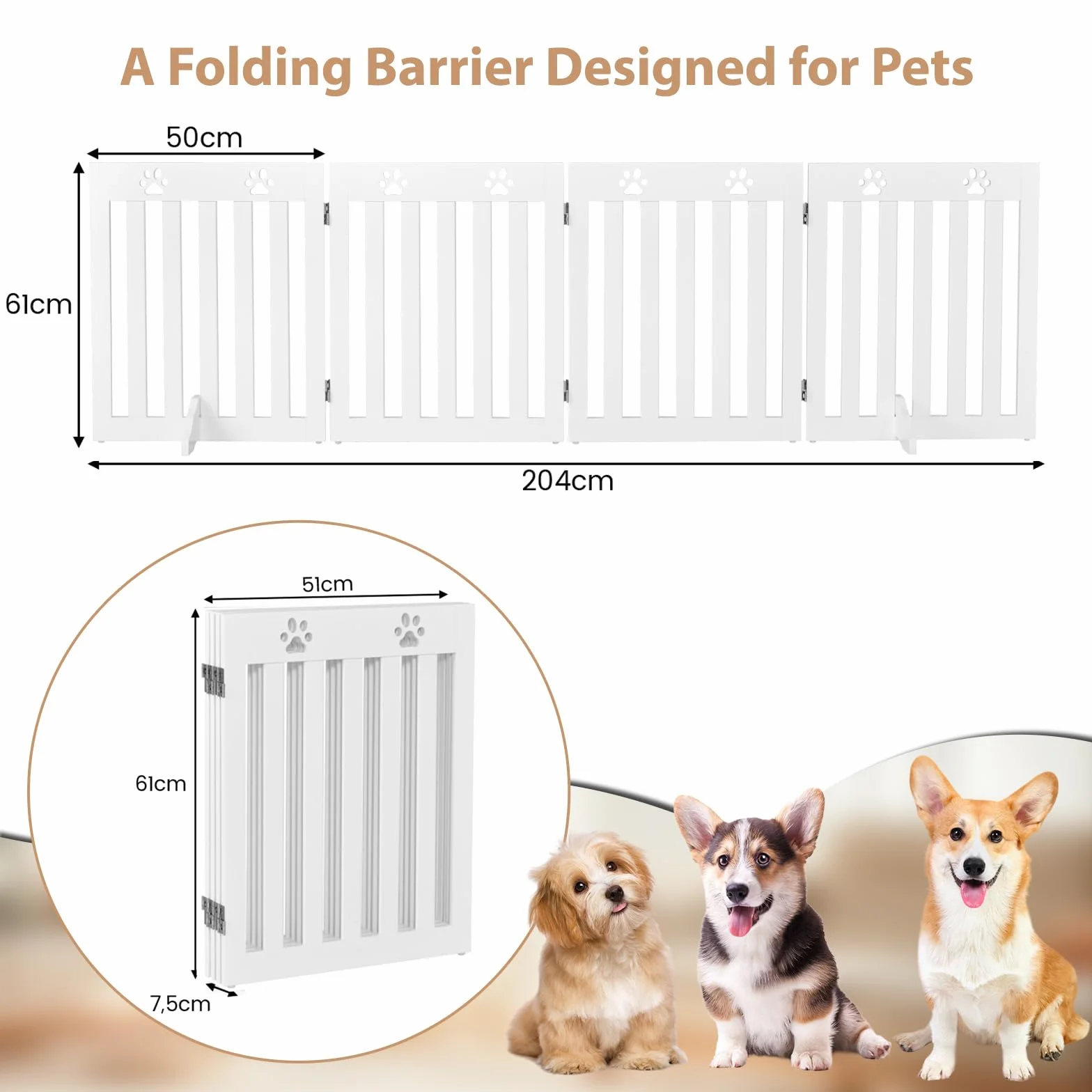 SOARS Barriera per Cani Pieghevole 204 x 60 cm Legno 4 Pannelli Bianco