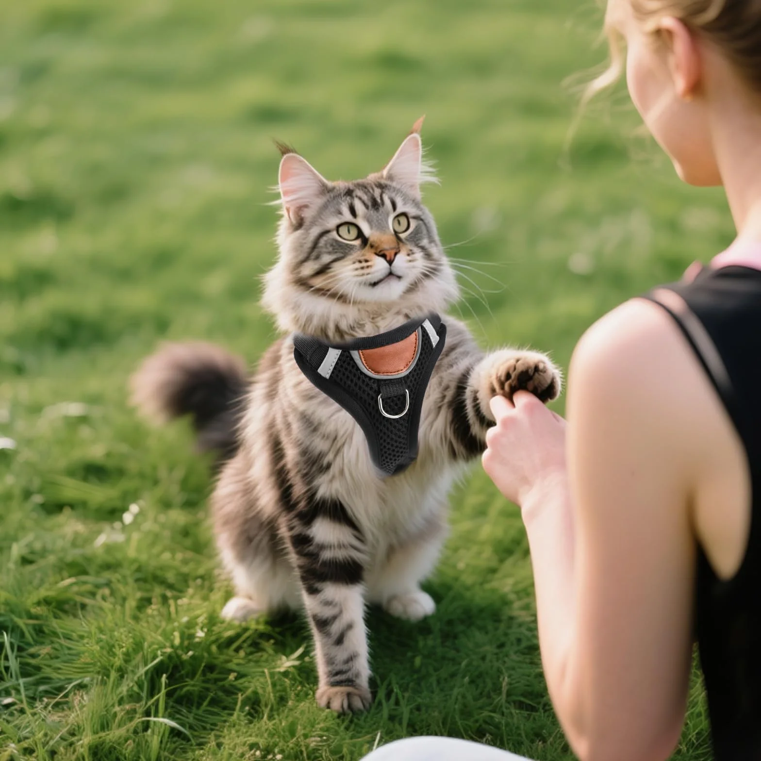 Pettorina per gatti regolabile con guinzaglio, antirottura per gatti, con strisce riflettenti e tessuto a rete traspirante, per gattini, cuccioli (Nero, S)