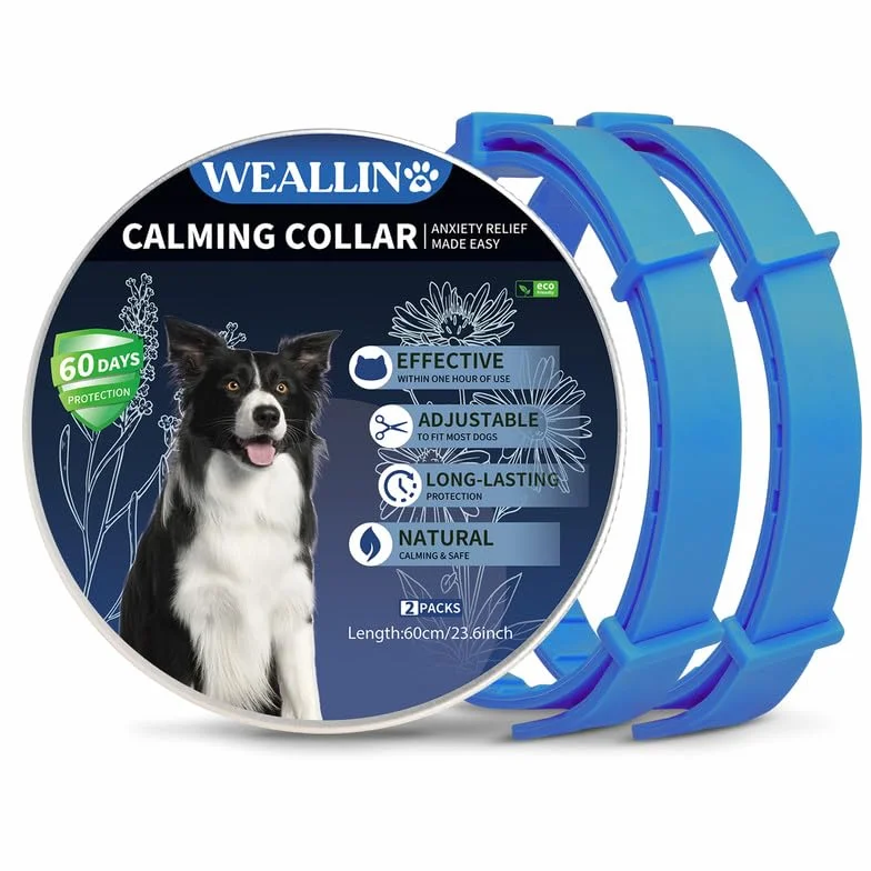 WEALLIN Collare Calmante Anti-Ansia per Cani, Regolabile e Impermeabile, Feromoni Naturali 60 Giorni (2pz), Blu
