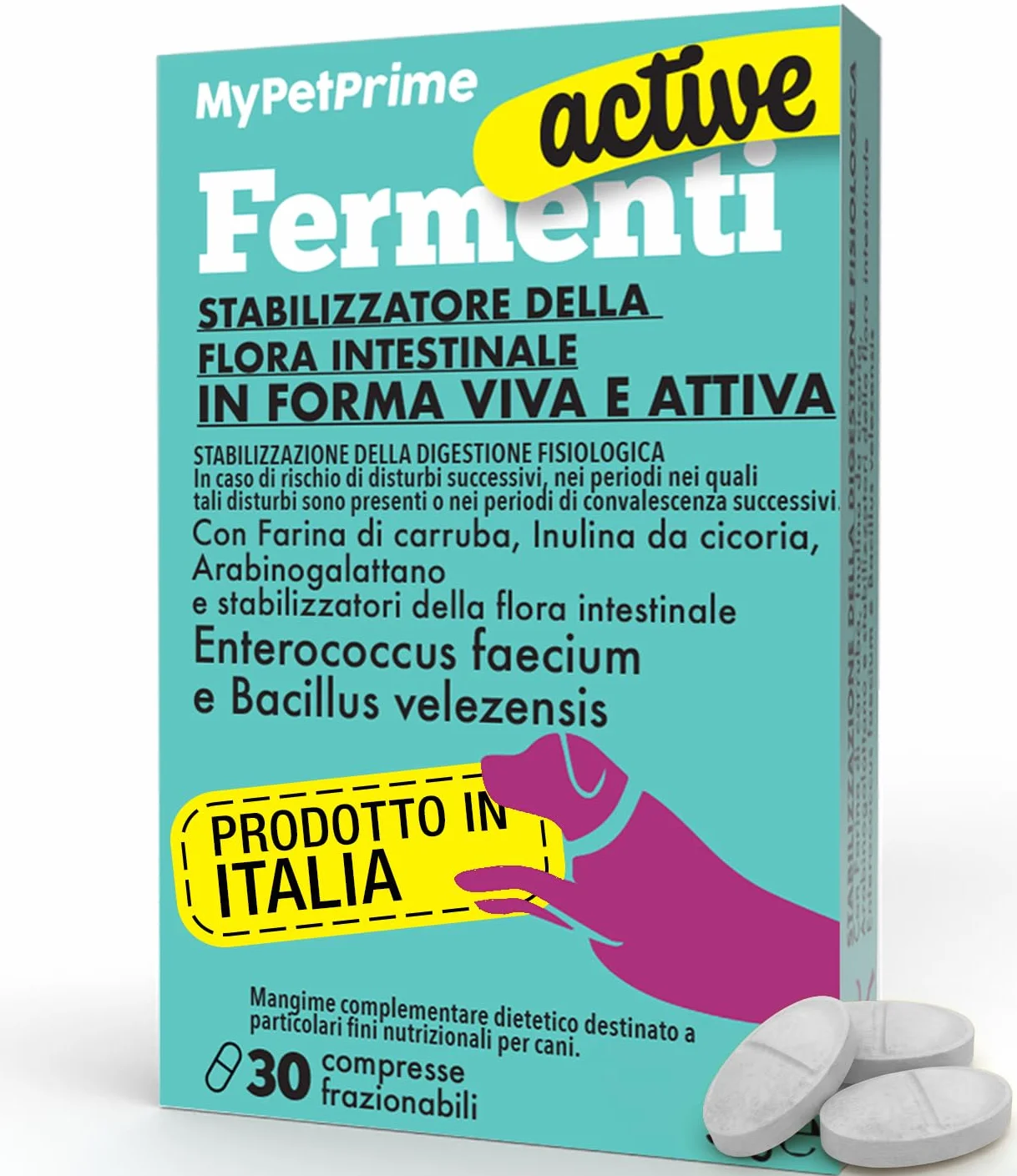 MyPetPrime Fermenti Lattici Cane ACTIVE 30 Cpr Probiotici Digestivi da 6,5 Miliardi con Inulina - Equilibrio Intestinale e Digestione, Ripristino della Flora Batterica, Riduzione di Prurito Cutaneo