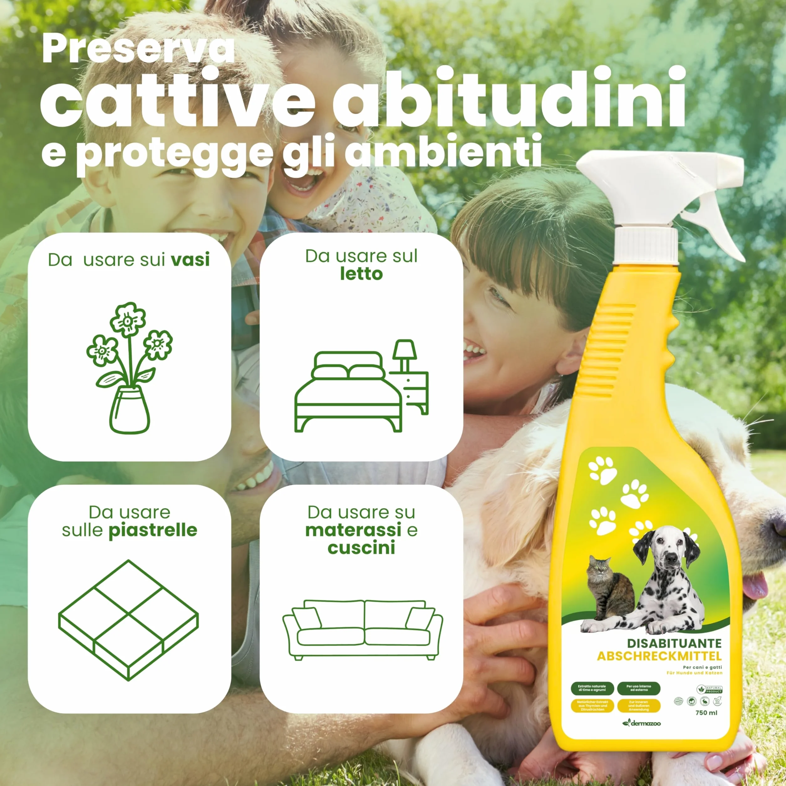 Dermazoo Spray Repellente per Gatti da Esterno e Interno 750ml, Disabituante Gatti, Disabituante per Cani, Spray Addestrativo Anti Pipi Cani, Casa e Giardino