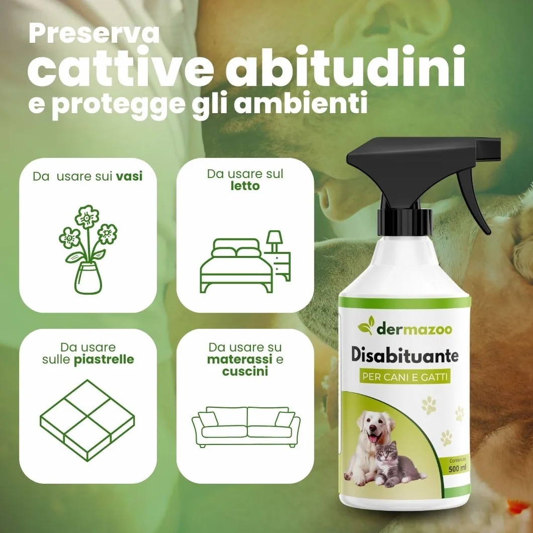 Dermazoo Disabituante Gatti e Disabituante per Cani 500ml Spray Anti Pipi Cane per Uso Interno ed Esterno con Citronella e Geraniolo, Repellente per Gatti Anti Urina