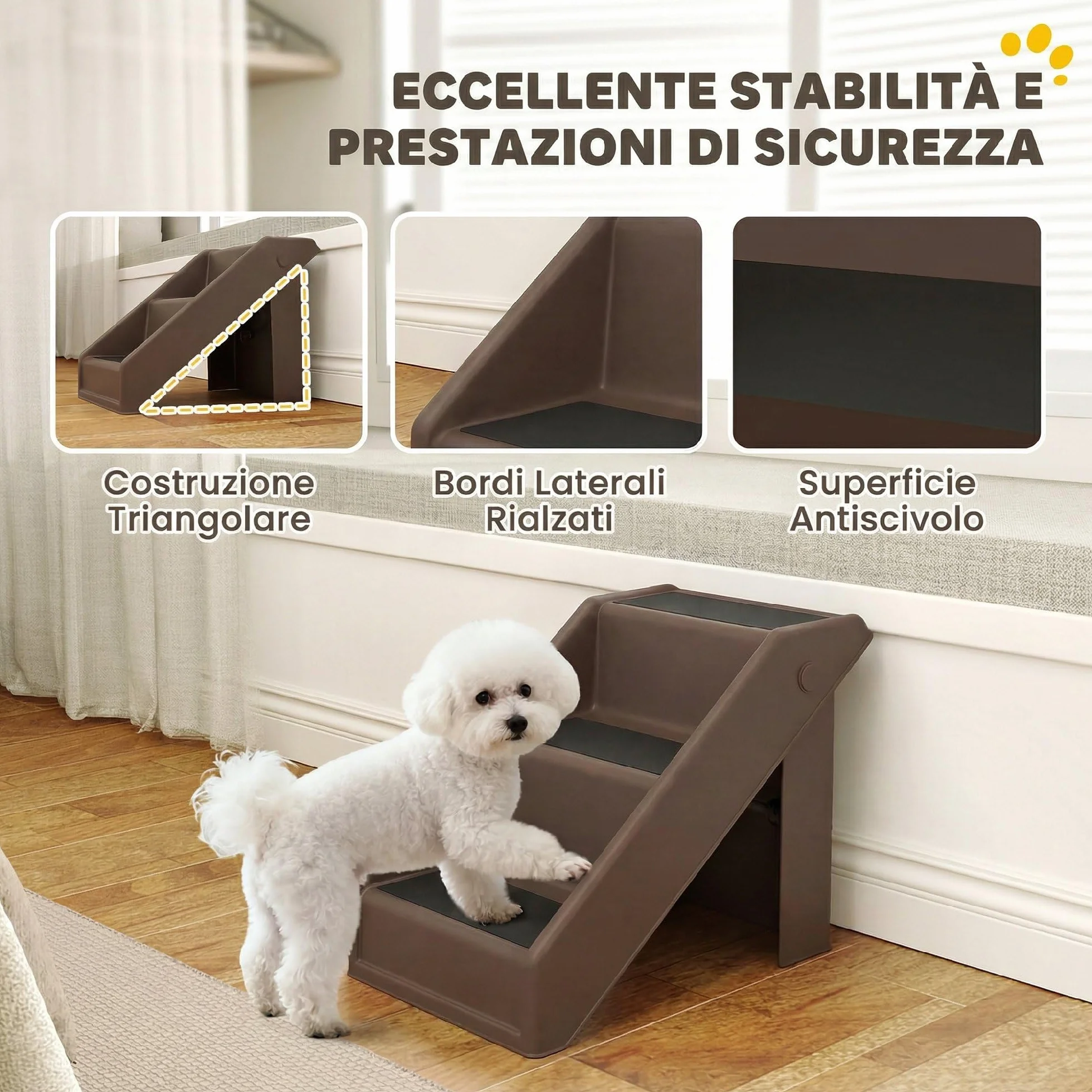 PawHut Scaletta per Cani e Gatti Pieghevole 3 Scalini Antiscivolo 10 kg 53x30.5x36.5 cm Marrone