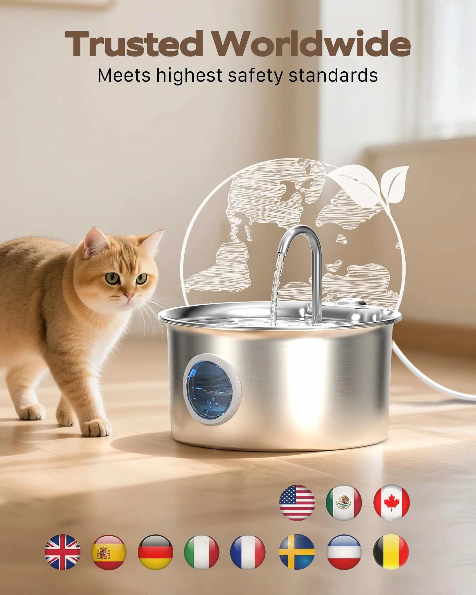 Fontanella per Gatti Acciaio Inox: Fontana per Gatti Inossidabile - 2.6L Automatico Fontanelle Gatto Silenziosa - Dispenser Acqua Gatto con Finestra Livello Acqua - Distributore Acqua per Cani