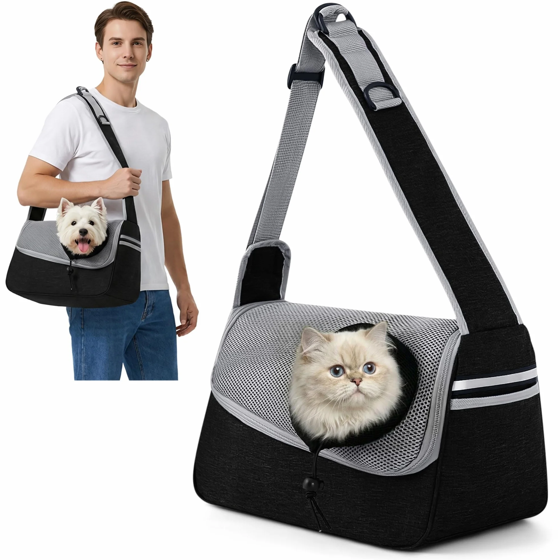 ALLSOPETS Borsa per Cani Piccoli e Gatti – Marsupio per Cani Traspirante per Cuccioli con Tracolla Regolabile e Tasca Laterale, Trasportino da Viaggio e Campeggio (Grigio Nero)