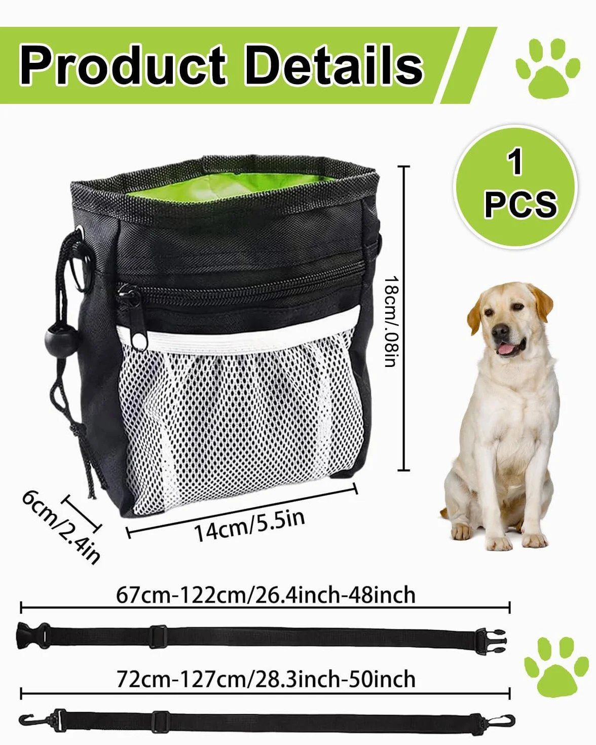 Sacchetti portatili per animali domestici da 1 pezzi in Piccola borsa per dolcetti, borsa da passeggio portatile, borsa per cani a mani libere (Nero di grandi dimensioni)