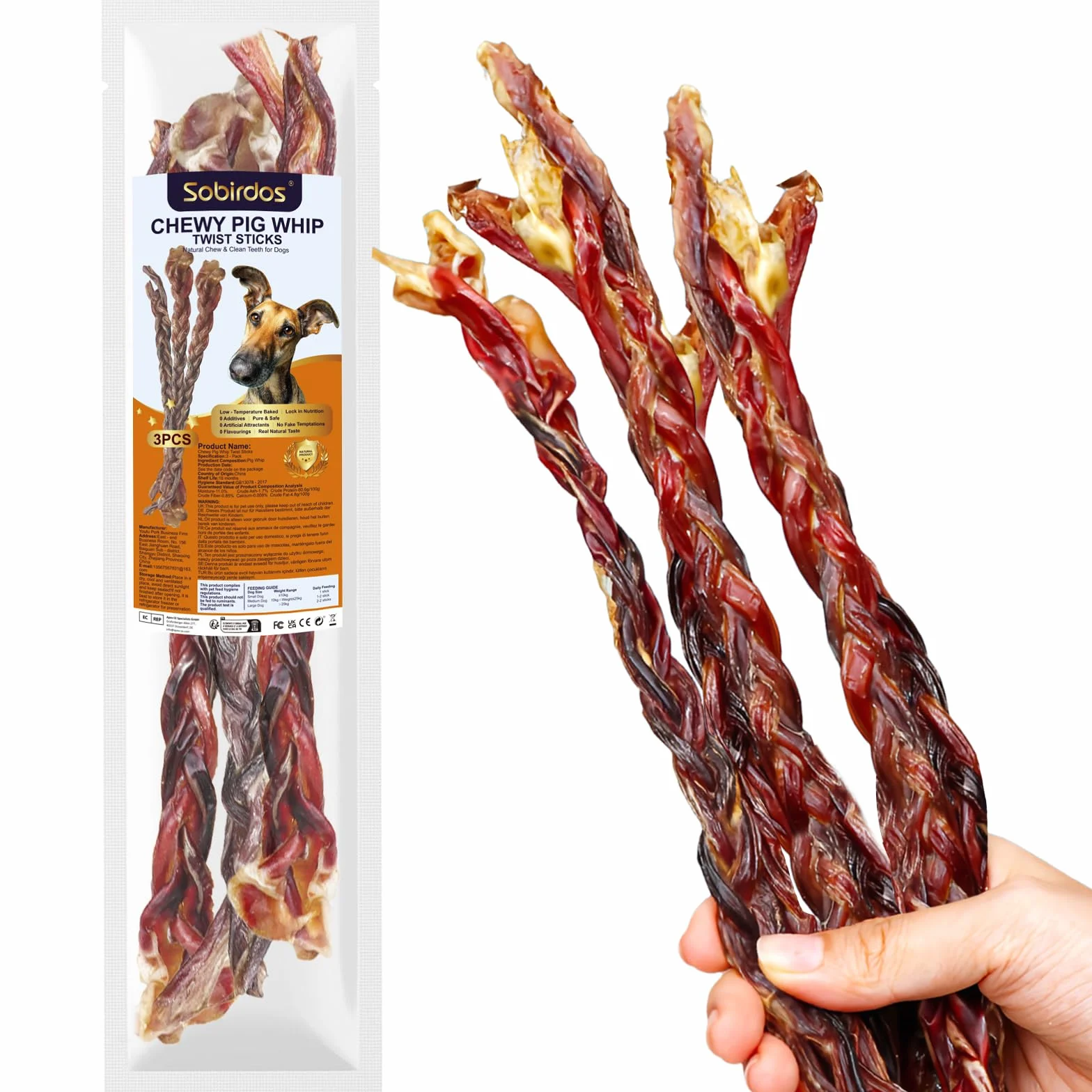 3 Pezzi di Snack per Cani al Frustino di Maiale 28cm Ciascuno 60g Totale Snack per Cani con Masticazione Intensa (S, Yogurt)