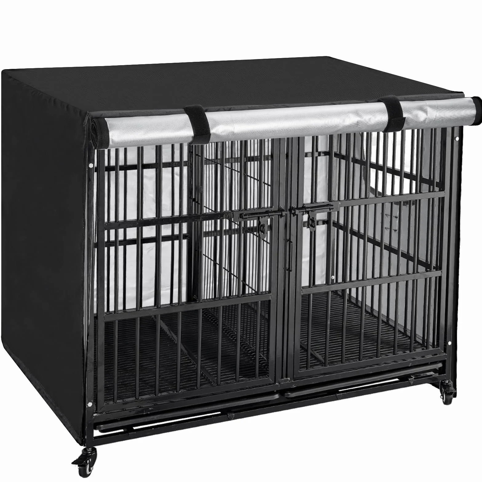 OUUTMEE Copertura per box per cani in poliestere 210D, impermeabile, con porta e finestra ventilata, 125LX79WX84H, impermeabile, protezione solare/blocco della luce, colore nero