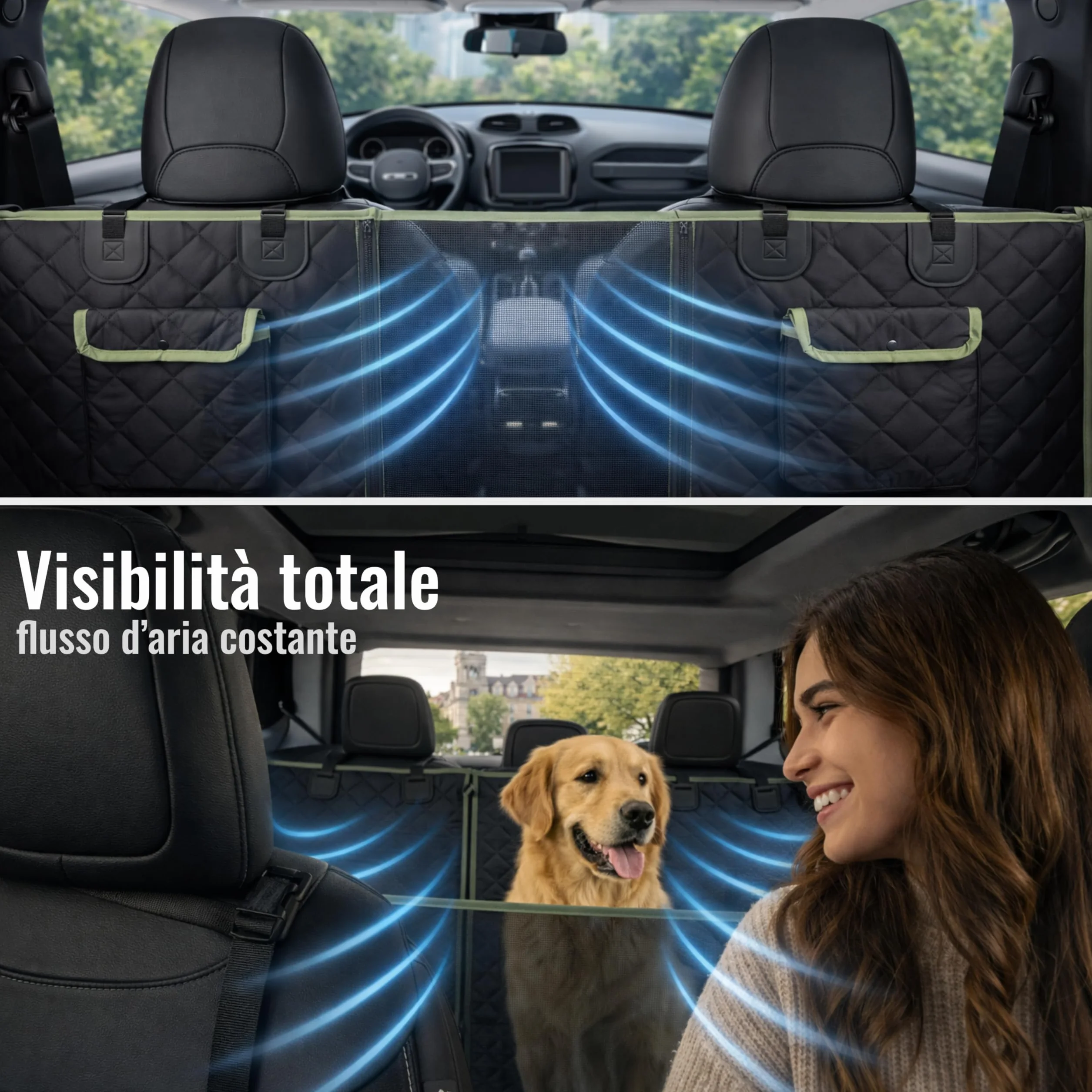 Telo Cane Auto Sedili Posteriori 6-in-1 | Telo Macchina per Cani Impermeabile 600D, Copertura Sedili Auto per Cani Universale con Finestra a Rete, Protezione Laterale