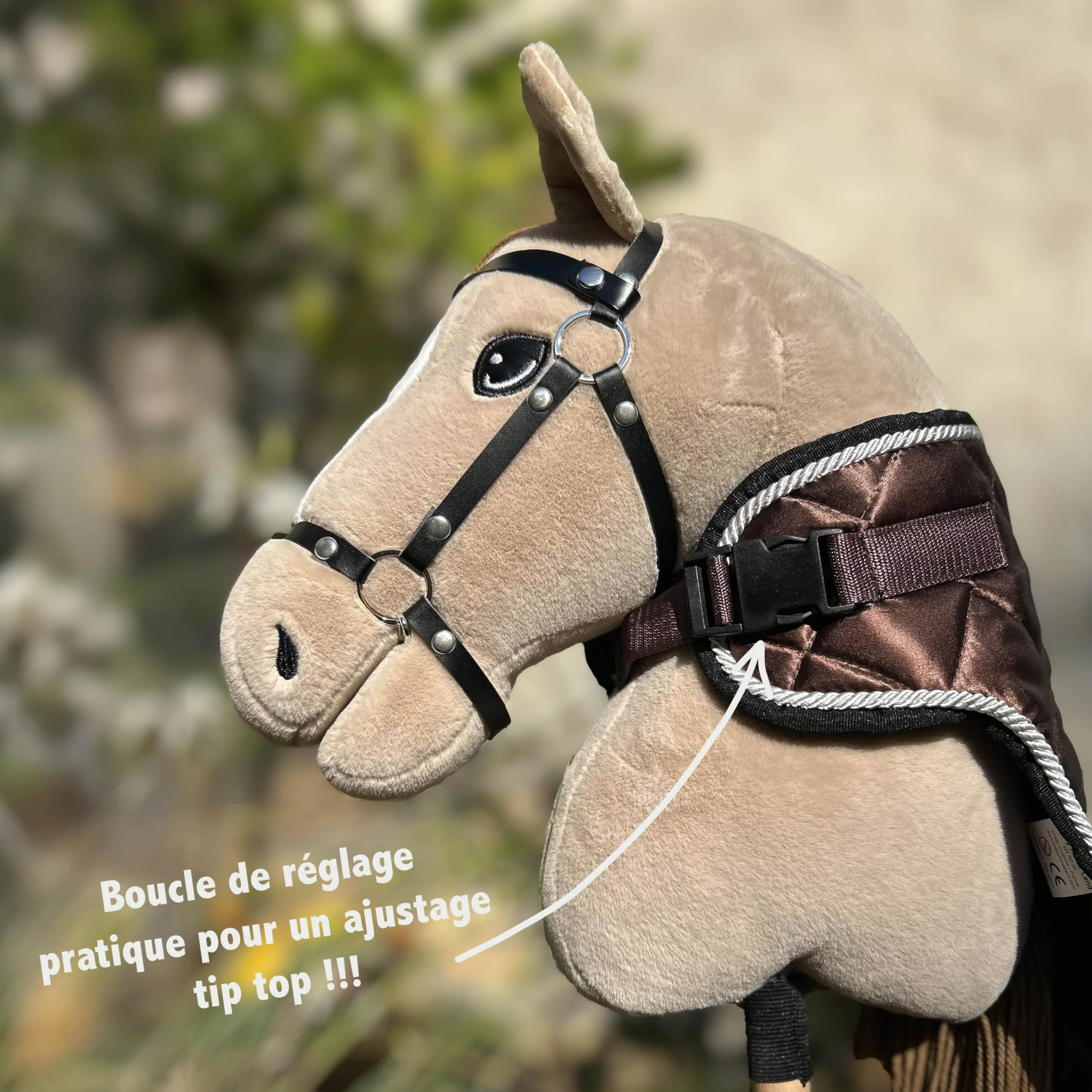 Set di accessori marrone cioccolato per Hobby Horse e cavallo stick: cavezza muta con cordino + coperta + berretto anti-mosche