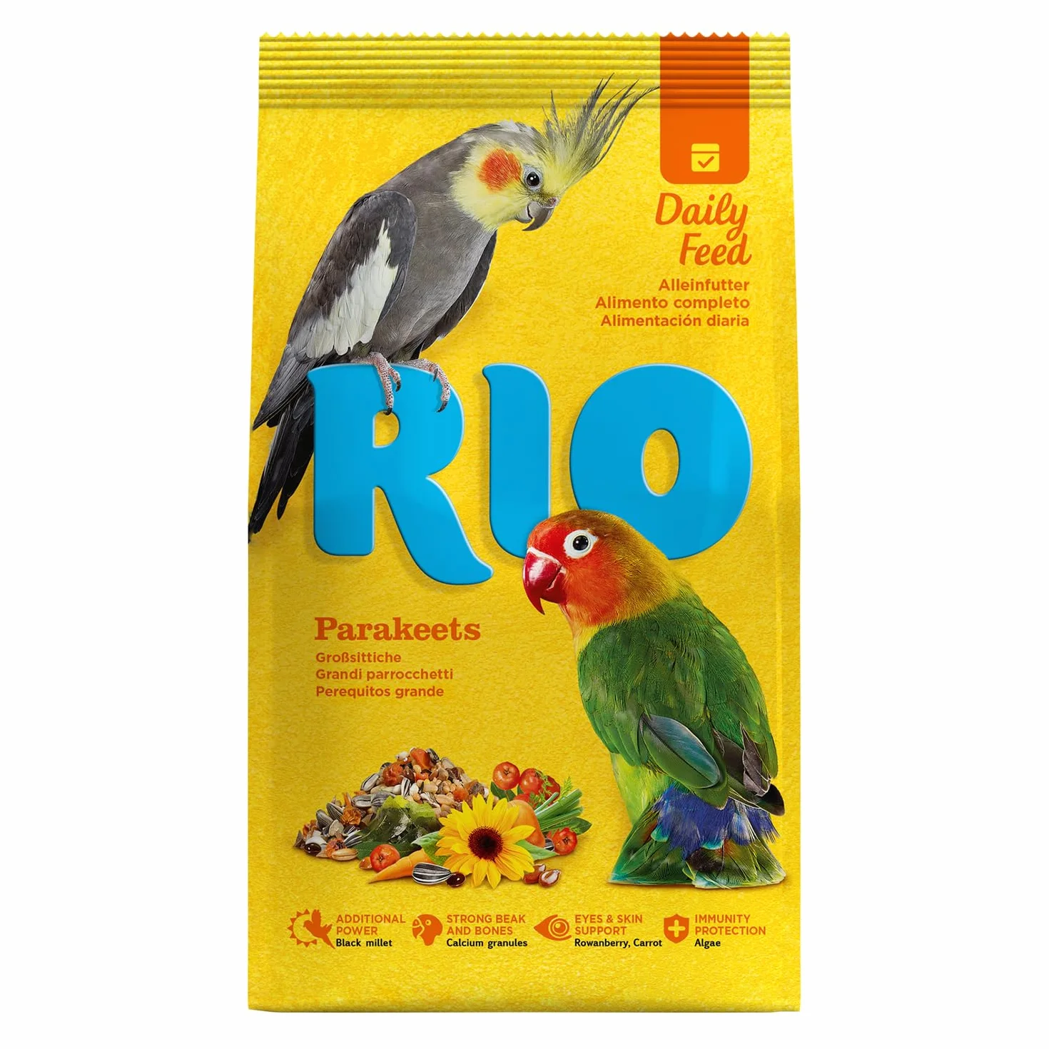 RIO Mangime completo per pappagalli di grandi dimensioni | 1 kg | Per inseparabili, calopsitte | Miscela equilibrata di semi e cereali | Supporta il benessere | Con bacche di sorbo essiccate
