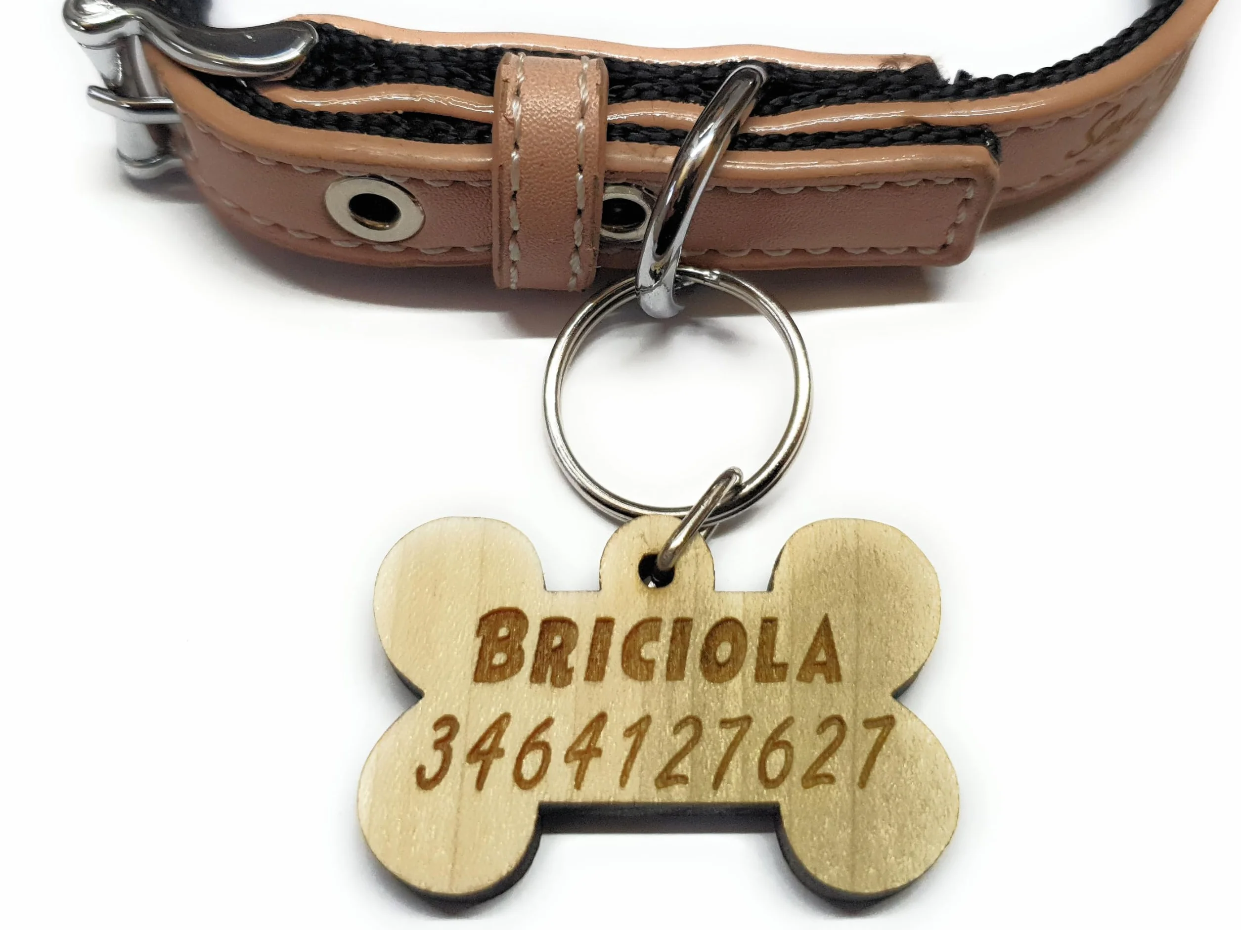 Medaglietta per cani a forma di osso in legno personalizzabile 2 formati