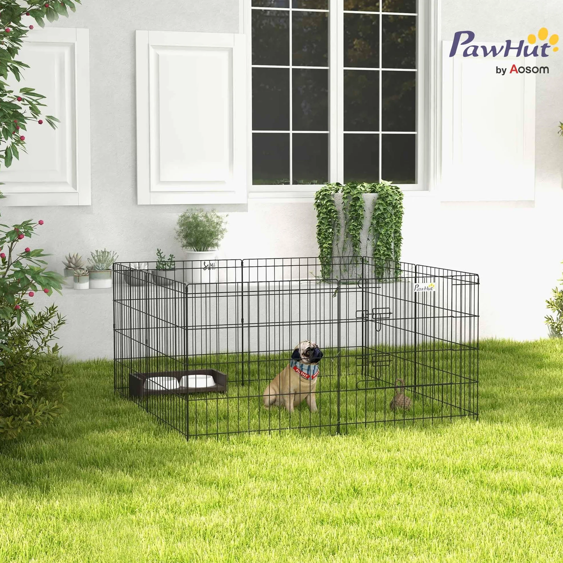 PawHut Recinto per Cani da Esterno e Interno, Recinzione Box 8 Pannelli a Rete con Porta 61 x 61cm, Nero
