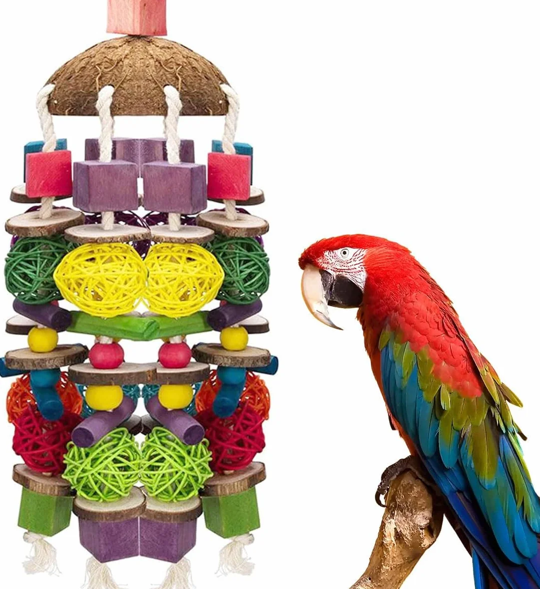 Giocattolo da masticare per pappagallo grande in legno naturale multicolore