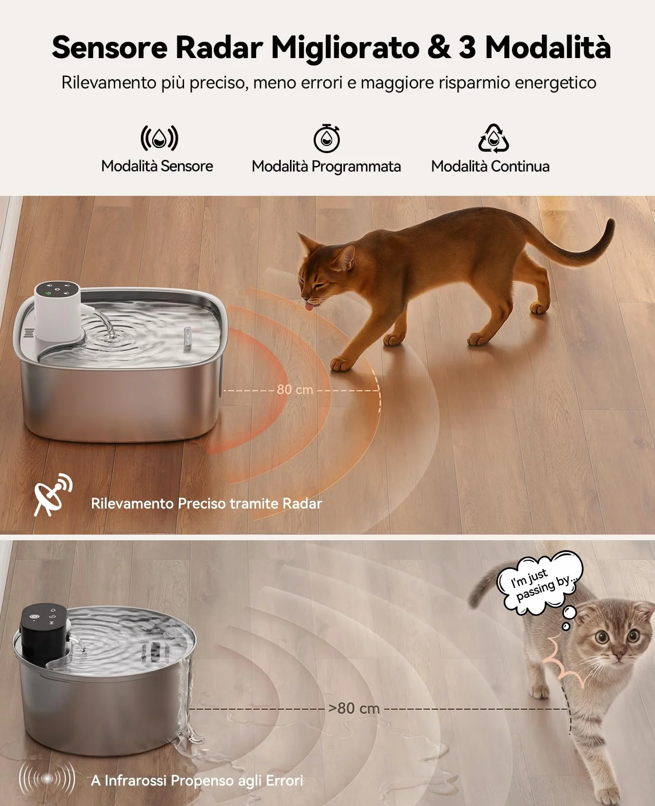 FEELNEEDY 8L Fontanella per Gatti senza Fili, 5000 mAh Batteria Fontanella per Cani Acciaio Inox con 3 Filtri, Fontana per Gatti con Sensore Radar di Movimento, Lavabile in Lavastoviglie