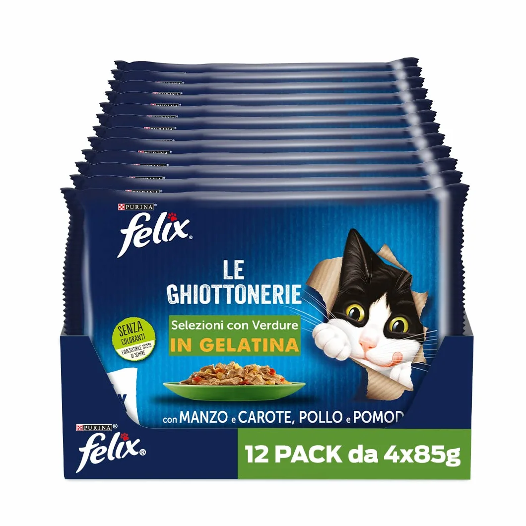 Purina Felix Le Ghiottonerie Cibo Umido per Gatti Manzo Carote Pollo Pomodoro, 48 x 85g