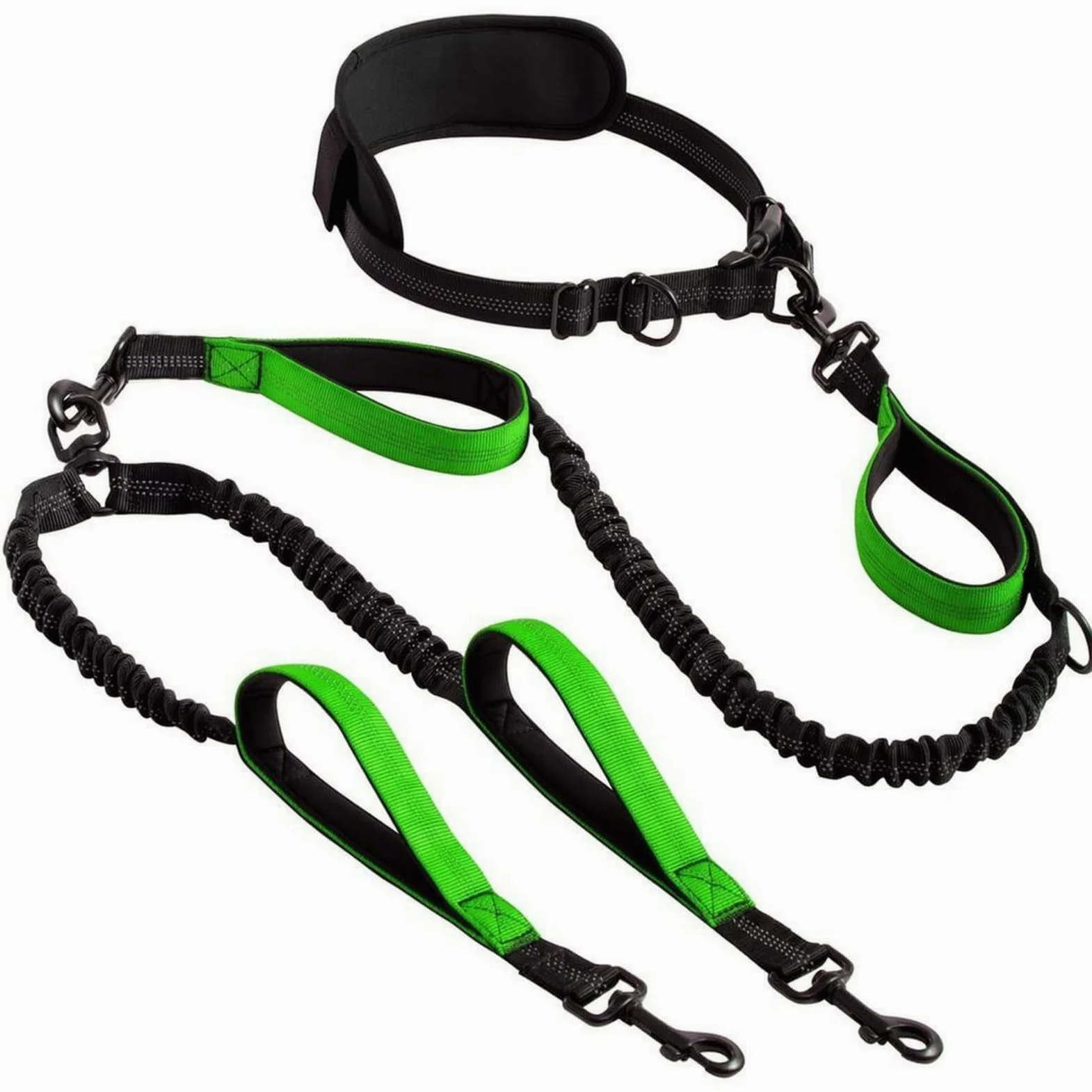Guinzaglio a Doppia Testa Guinzaglio per Cani Guinzaglio Cintura da Corsa Guinzaglio Elastico con Bungee con Cintura in Vita con Maniglie per, Verde Scuro