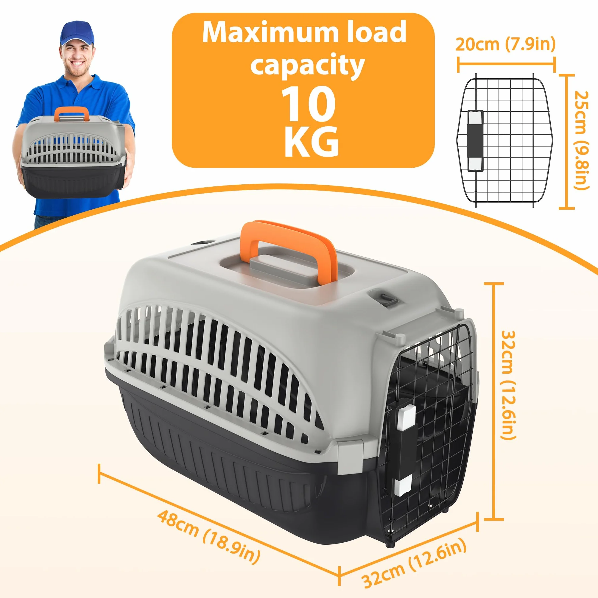 FIVMEN Trasportino per cani e gatti, 48 x 32 x 32 cm, in plastica con porta in ferro e prese d'aria