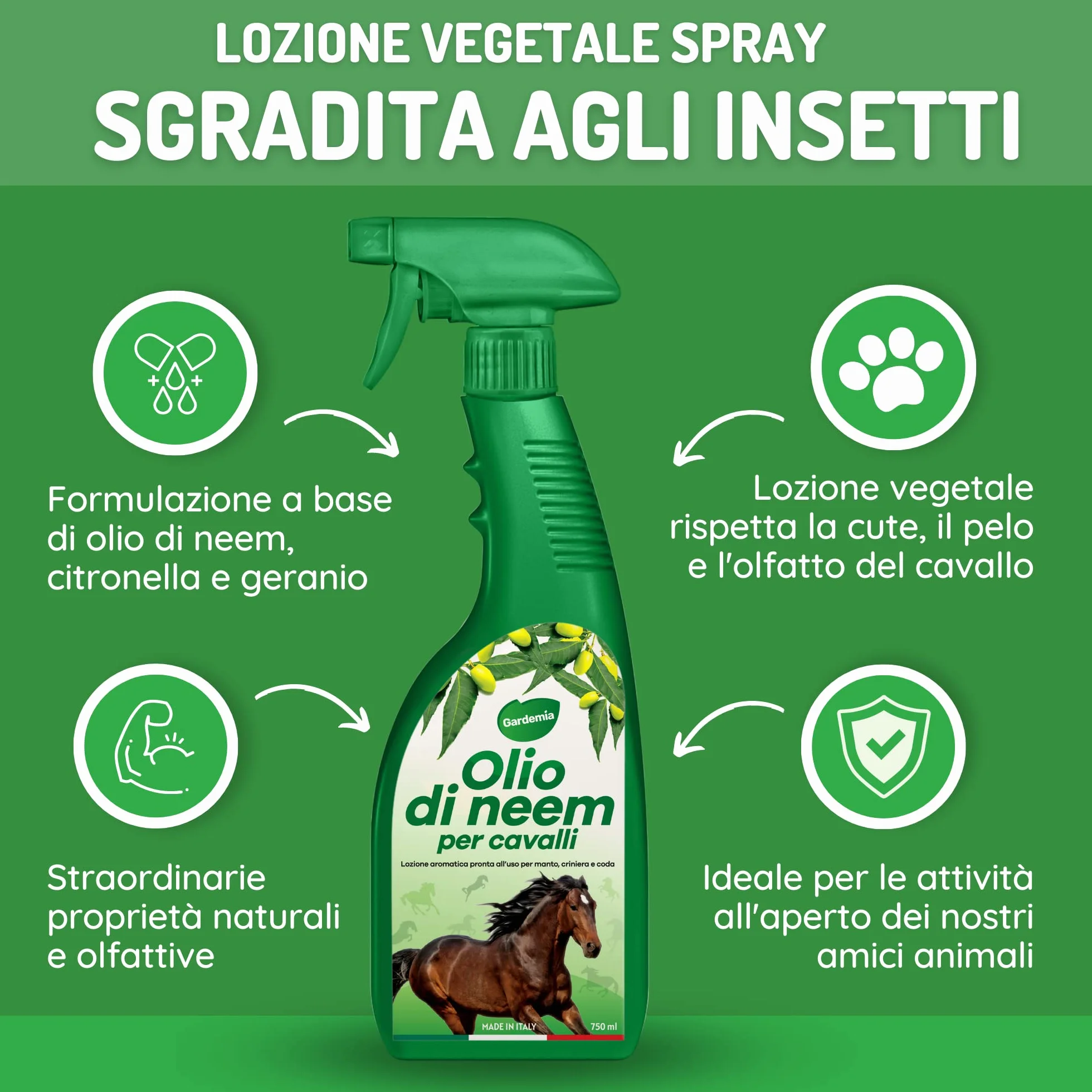 Gardemia Olio di Neem per Cavalli Spray 750ml Repellente Antiparassitario con Geranio e Citronella