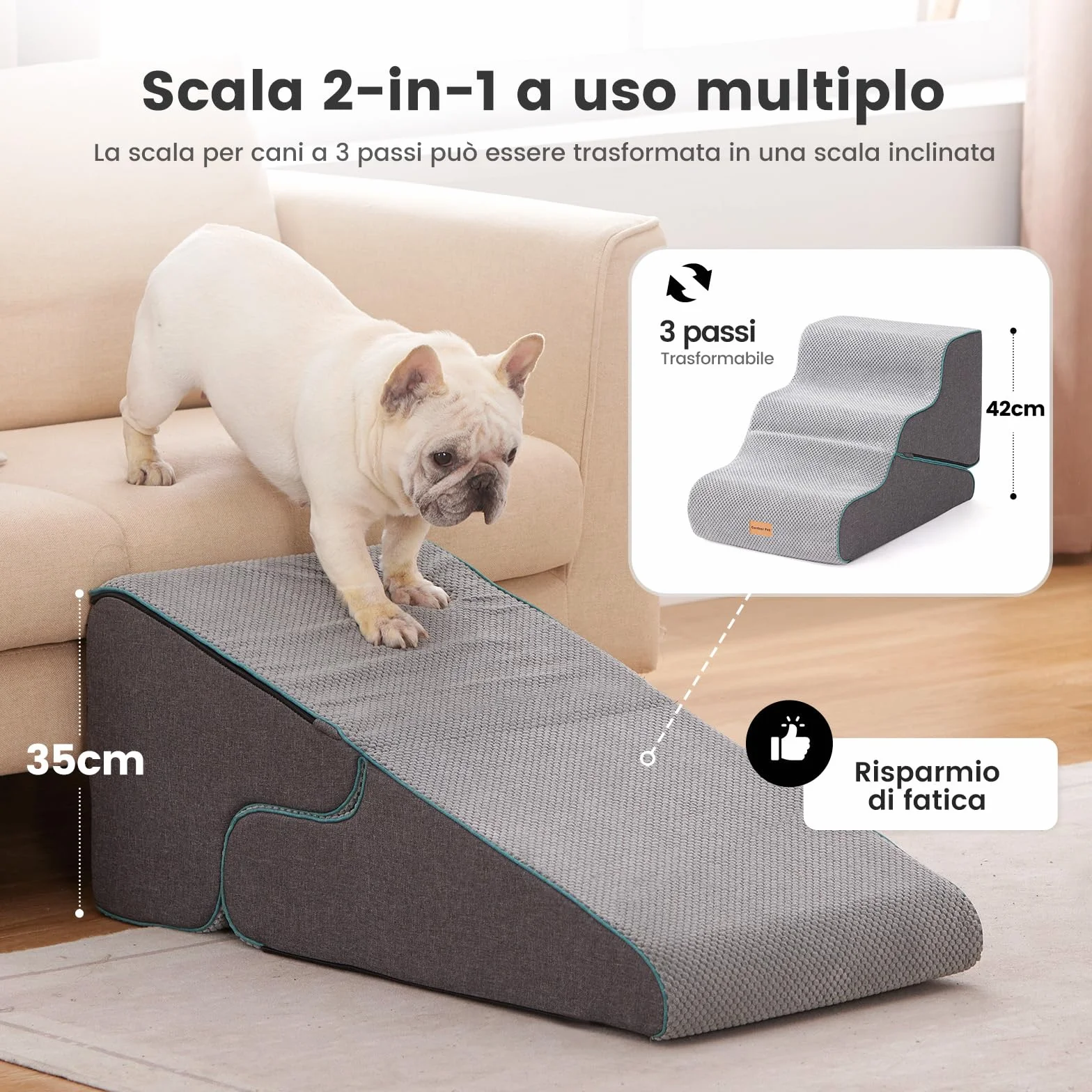 Gardner Pet Scala per Cani Piccoli 35/42cm 3 Gradini Rampina Antiscivolo Impermeabile Grigio