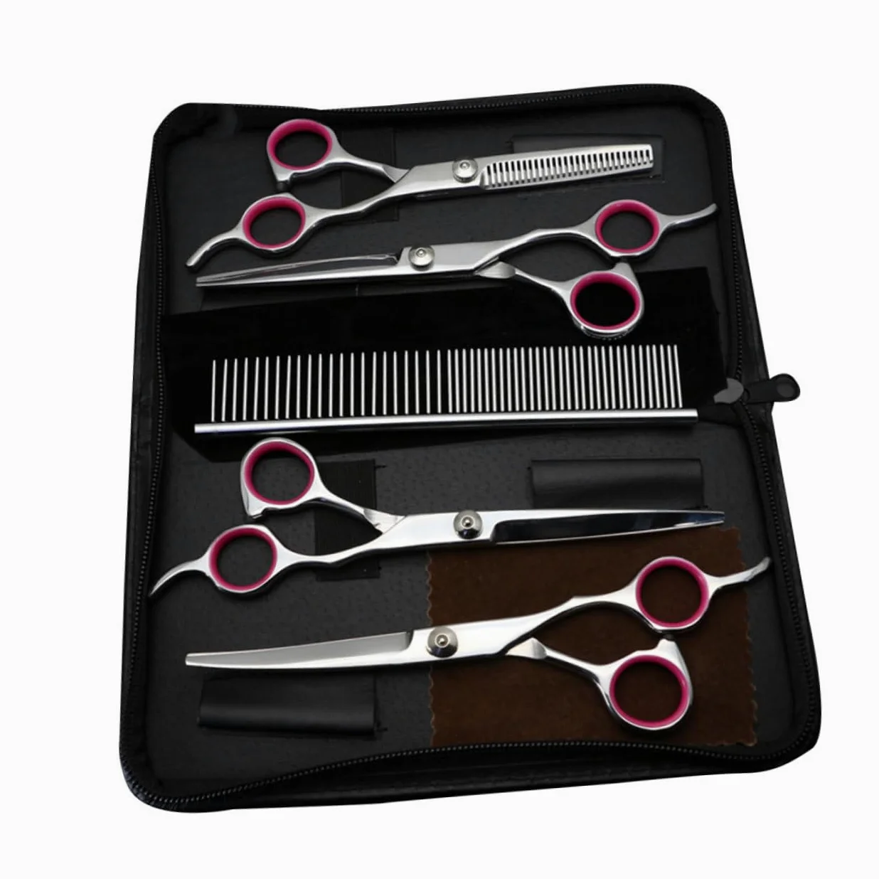 Set Forbici Toelettatura Animali 7 Pollici, 5 Pezzi in Acciaio | Lama Non Smussata, Argento, Include Pettine Dentato e 4 Varianti Curvo, Curvo Giù, Dritto