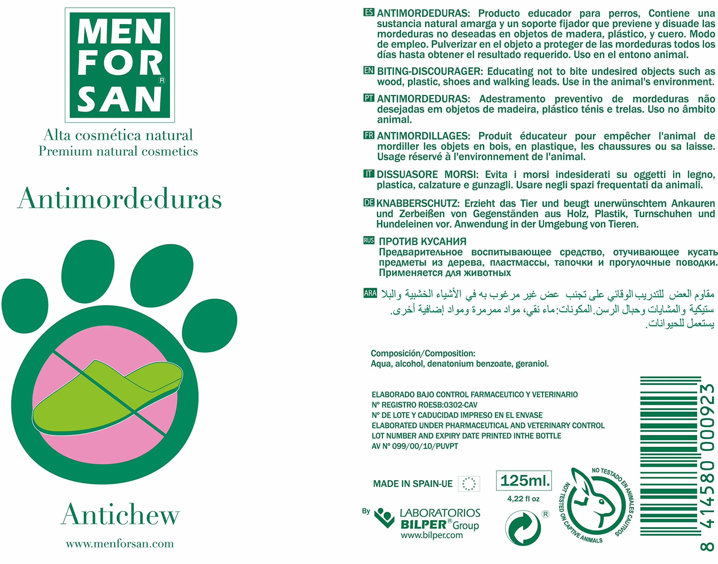 MENFORSAN Antibites - Mobili e Tessuti per Cani, 125 ml, Confezione da 2, per Evitare morsi indesiderati
