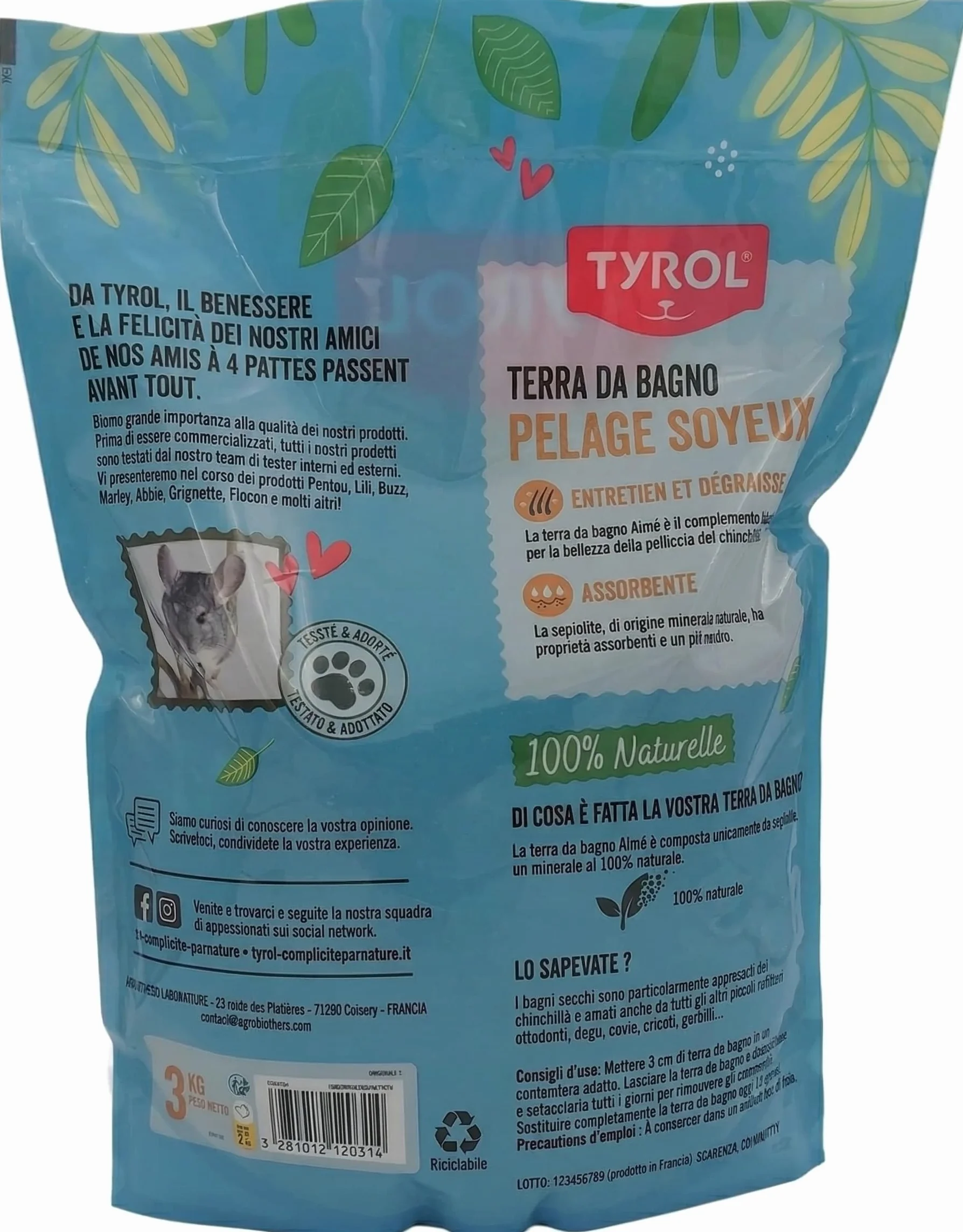 Tyrol Terra da Bagno per cincillà | per cincillà e Piccoli roditori | per Un Pelo setoso e purificato | Mantiene la Pelliccia del cincillà | Igiene e Benessere del roditore | 3 kg