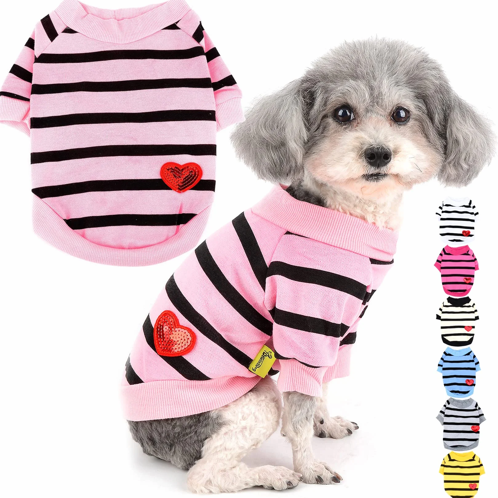 Zunea Magliette per Cani Piccola Taglia Estiva T-Shirt Base a Righe Vestiti per Cuccioli con Paillettes Amore Cuore Felpa Morbido Cotone T-Shirt Pullover Camicie Chihuahua Abbigliamento Babyrosa L