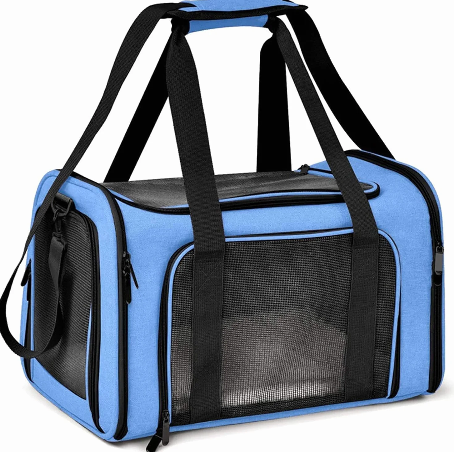 Trasportino per Cani e Gatti, Gabbietta per Animali Domestici, Tappetino Lavabile Rimovibile, con Tracolla, Borsa Ripiegabile Viaggio Sull' Aereo (Blu) L 50 x B 34 x H 34 cm