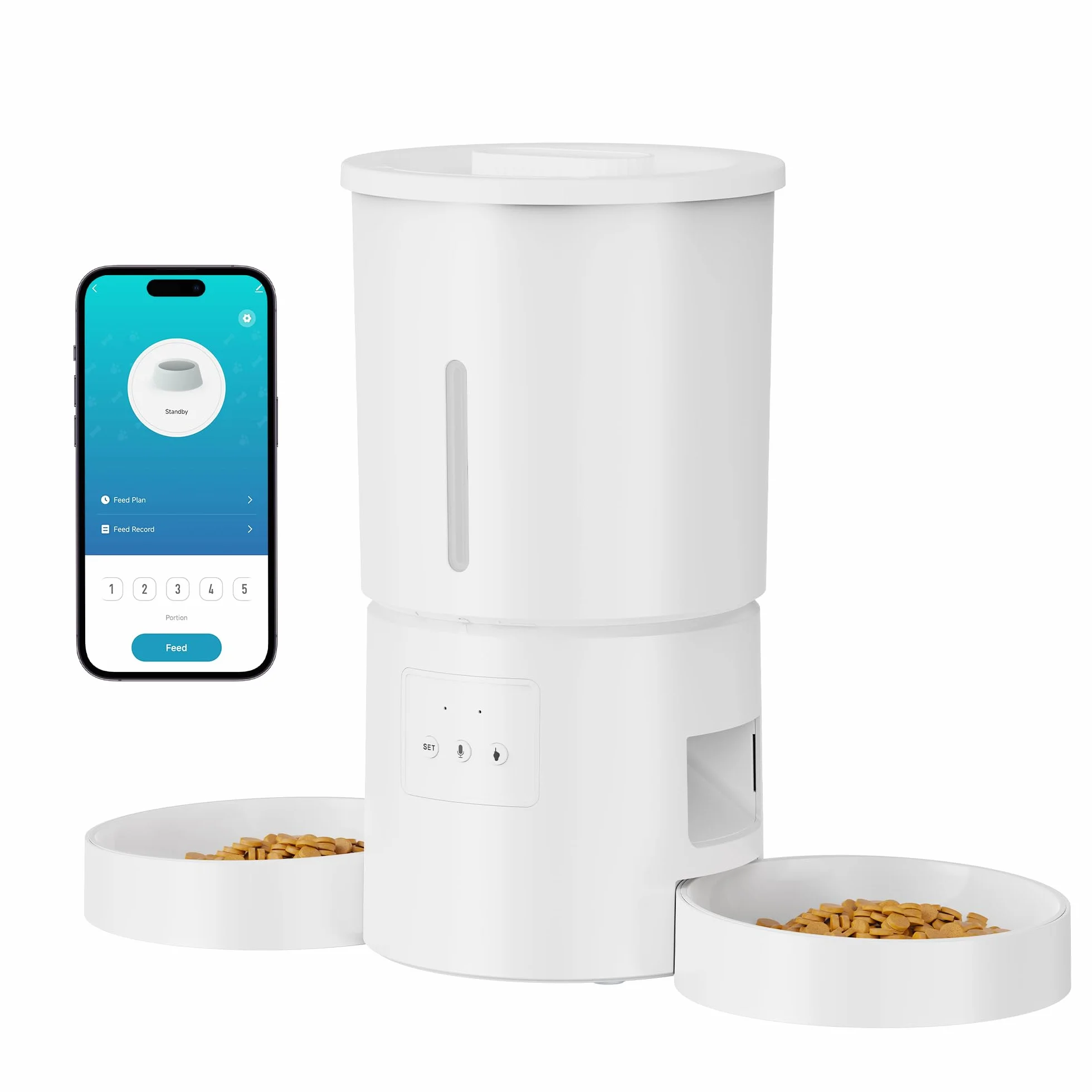Distributore Automatico Cibo Gatti 2 Ciotole: 5L Distributore Automatico Cibo Cane con Timer WiFi 2.4G per Crocchette - Design Doppia Ciotola per Famiglie con Più Gatti & Cani - Bianco
