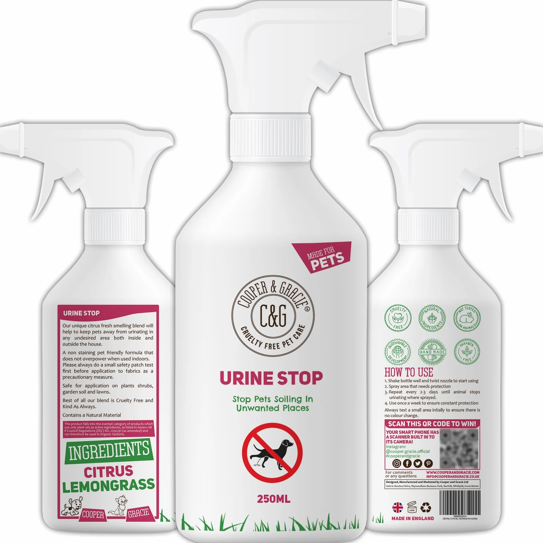 C&G Pets Urine Stop Spray per cani e gatti – Formula a tripla azione – blocca la ripetizione di segni all'interno e all'esterno – Ingredienti naturali, prodotto nel Regno Unito – sicuro per famiglie e