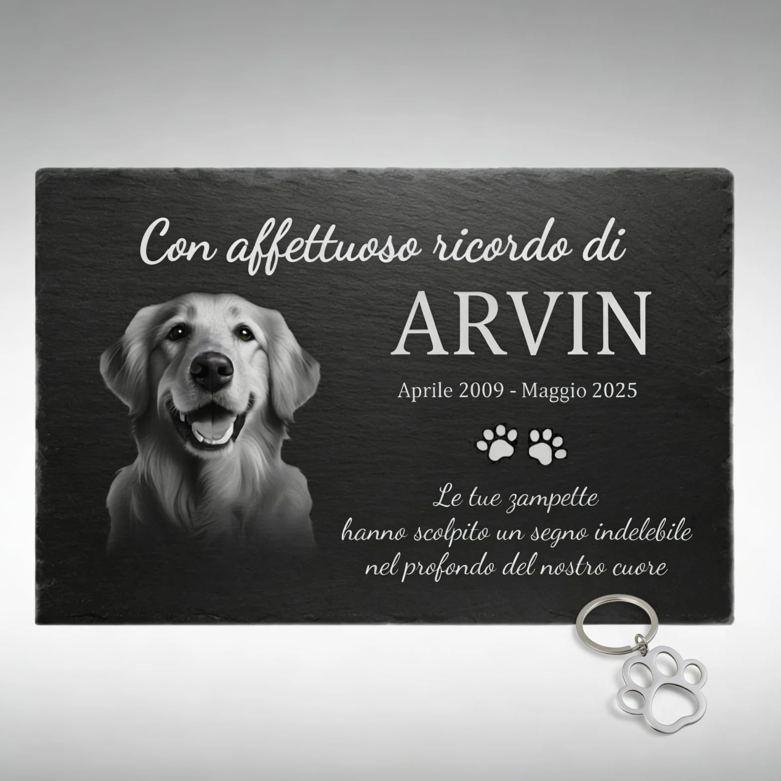 Pietra Commemorativa Cane in Ardesia – Lapide per Animali Esterno Personalizzata, Targa Memoriale per Cani Resistente alle Intemperie – Foto, Nome e Testo Personalizzabili – Giardino / 30x15–50x30 cm